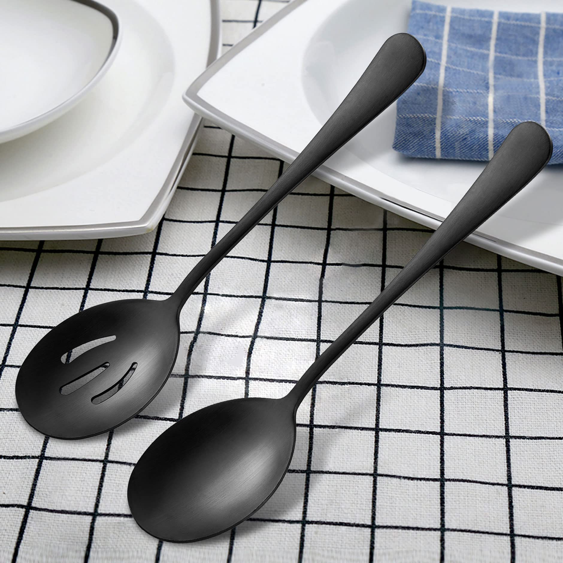 Lianyu 5-Piece Matte Black Serving Utensils Set, Stainless Steel Serving Set Include Serving Spoon Fork, Flatware Serving Pieces
