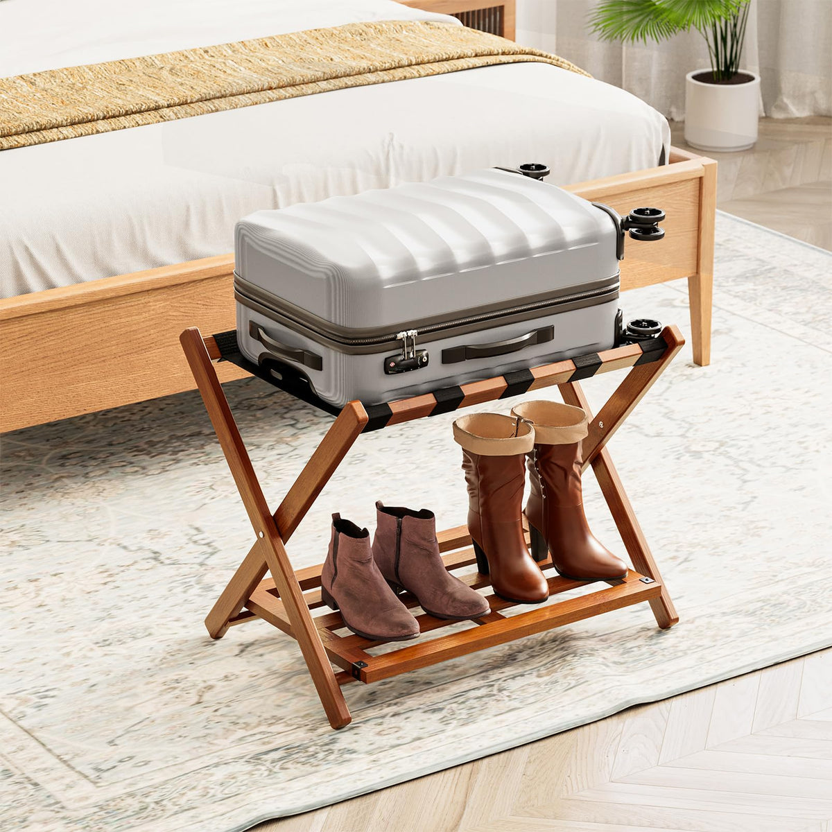 Spaceaid Fully Assembled Luggage Rack 1 Pack, Bamboo Foldable Suitcase Stand For Guest Room, Heavy Duty Folding Luggage Holder W