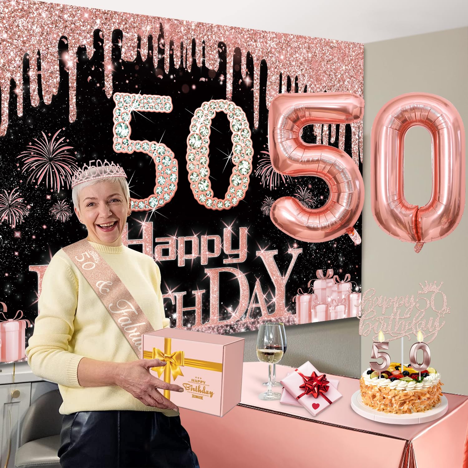 50Th Birthday Decorations For Her With Banner, Rose Gold Tablecloth, Number Balloons, 50Th Birthday Sash And Tiara, Candles And