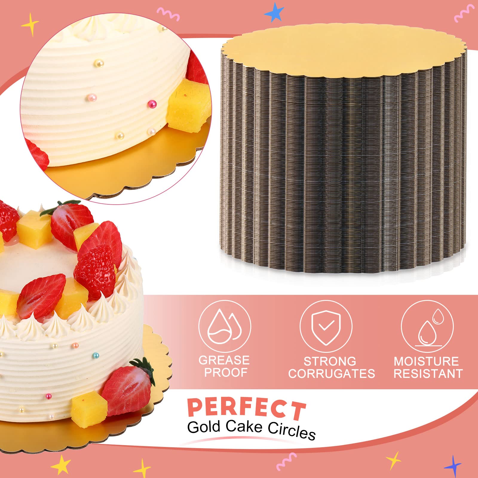 100 Pack Gold Cake Board Round Cake Circle Base Boards Disposable Cake Plate Scalloped Bases Round Coated Cake Boards Circle Cak