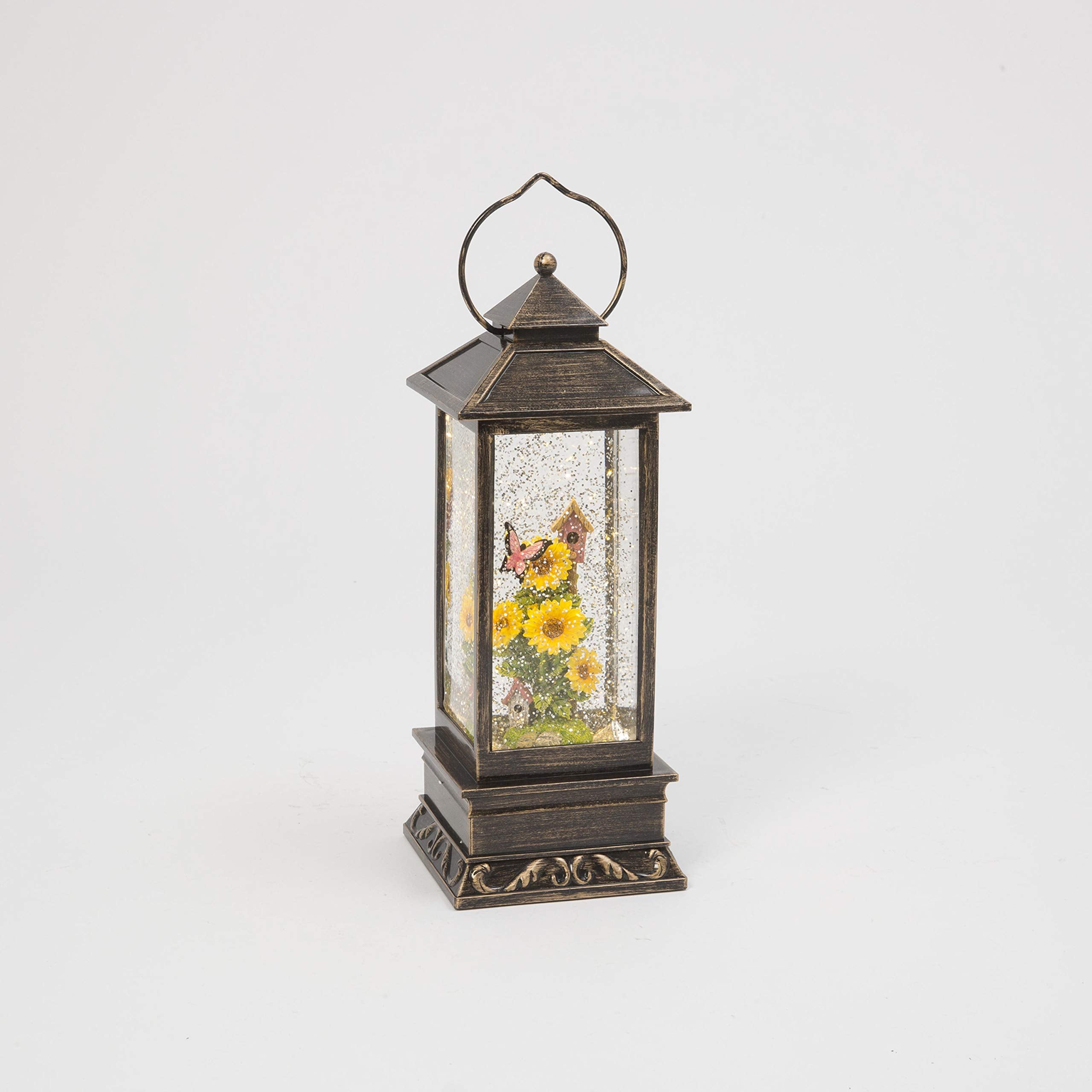 Garden Sunflower and Butterfly Lighted Water Lantern with Timer, Battery Operated, 10.8 Inches High (Pink, Green, Yellow, Bronze