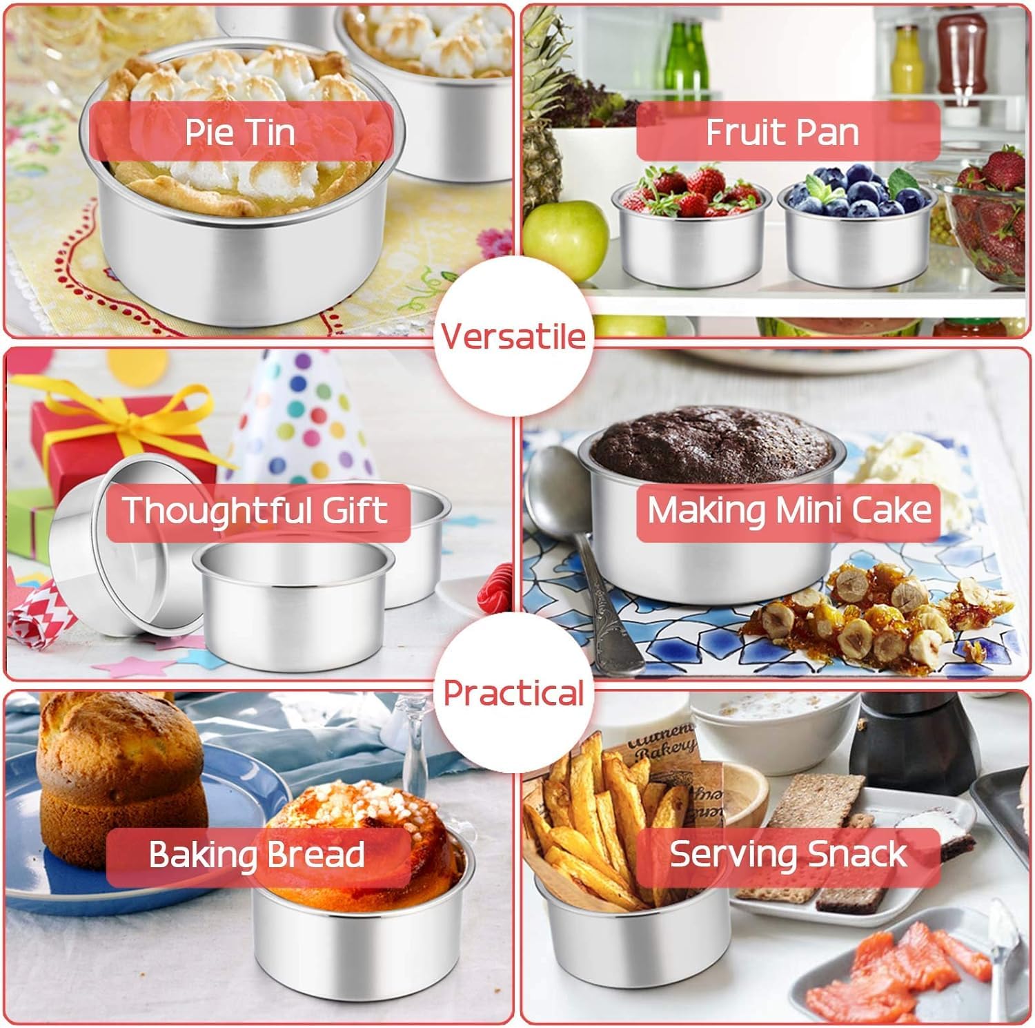 Cabilock 6Pcs Pudding Cup Circle Cake Pan Mini Baking Pans Stainless Steel Muffin Pan Single Cupcake Pan Pudding Molds Cups Egg