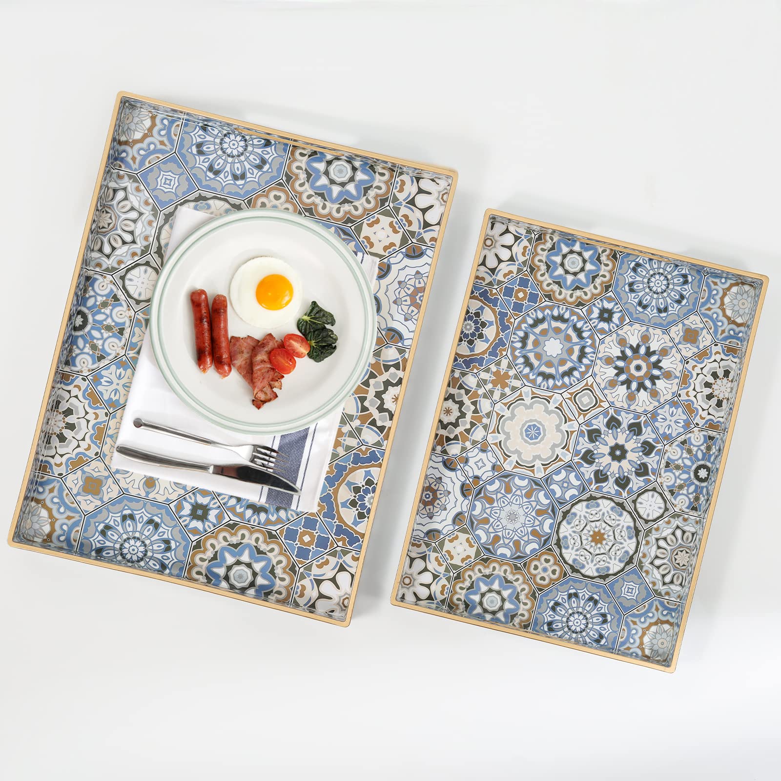 Agiota 2 Pcs Serving Tray With Handles Bohemian Decorative Tray Large Ottoman Tray For Living Room Blue Coffee Table Tray