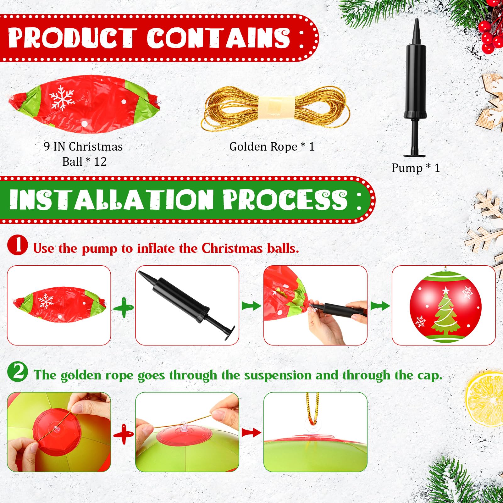 Jetec 12 Pcs Christmas Inflatable Balls 12 Inch Large Christmas Outdoor Ornaments Xmas Hanging Decorations for Winter Holiday Ou