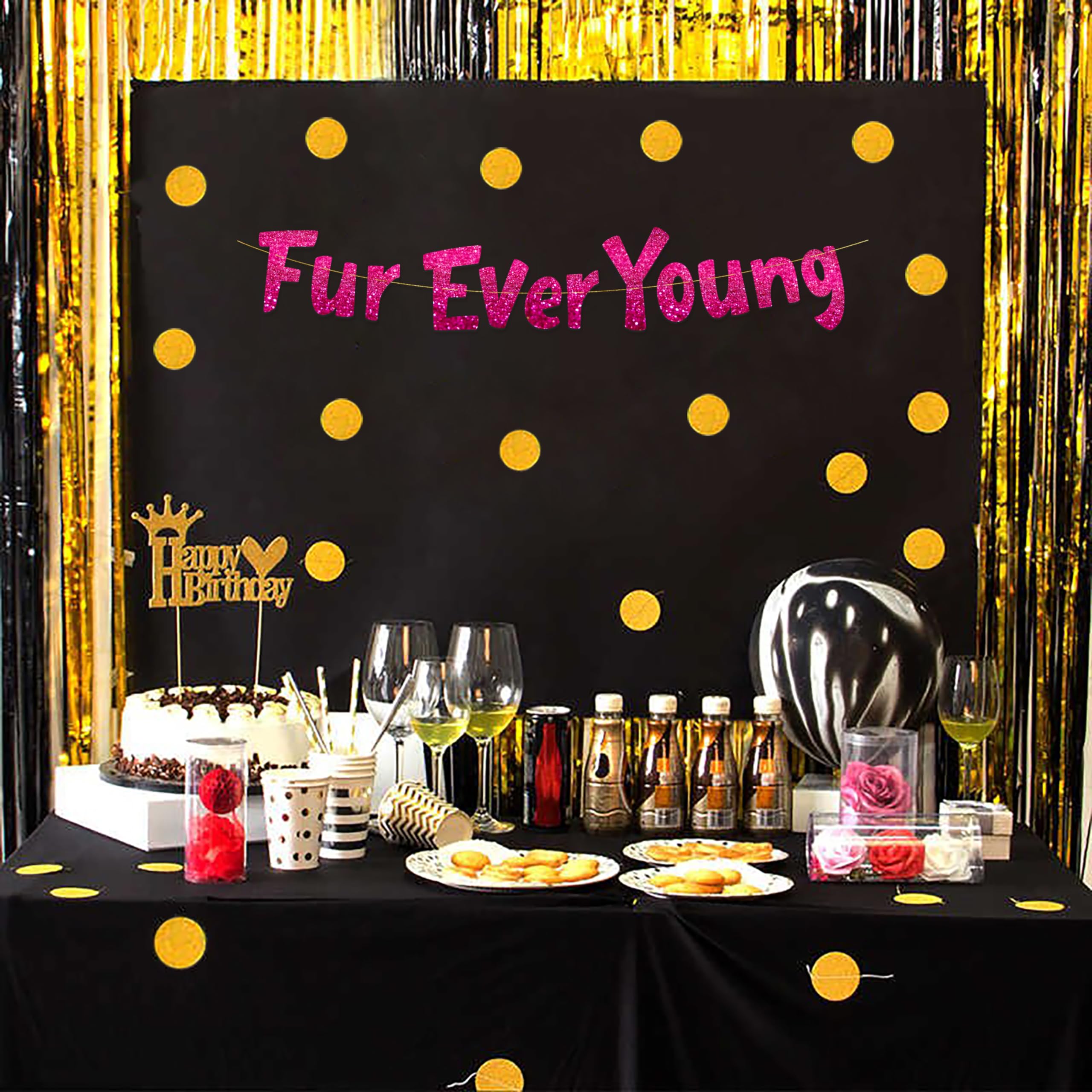 Furever Young Pink Glitter Banner - Dog Birthday Banner - Cat Birthday Decorations - Funny Puppy And Kitten Birthday Party Suppl