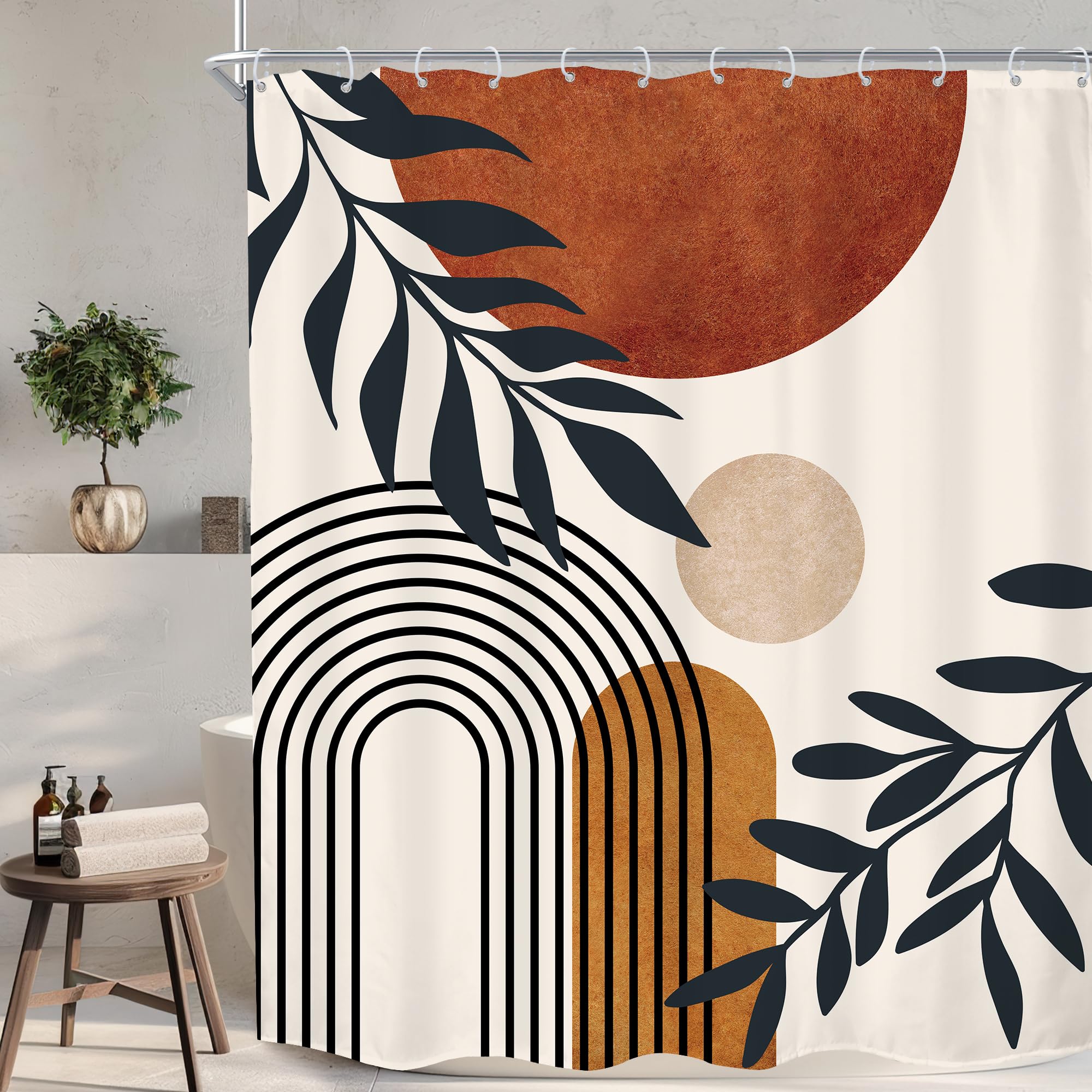 Komllex Boho Abstract Mid Century Shower Curtain Modern Aesthetic Leaves Neutral Minimalist Geometric Arch Brown Sun Plant Fabri
