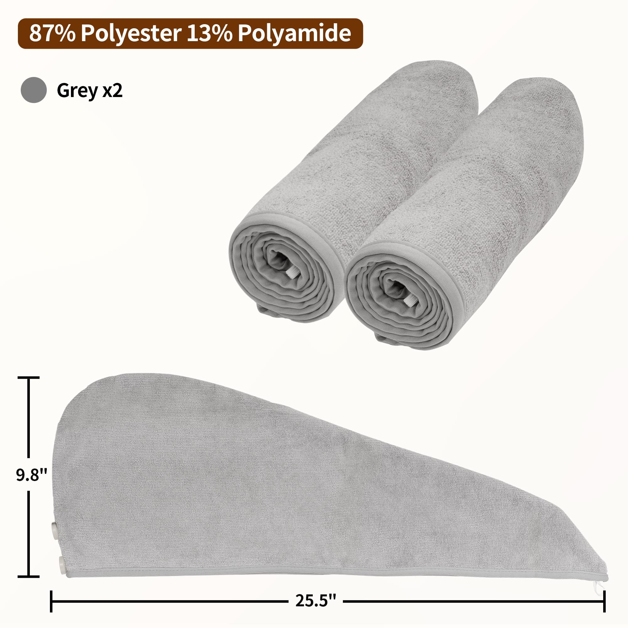 NEXCOVER Microfiber Hair Towel, 2 Pack (Grey Color) 9.8 inch X 25.5 inch Hair Turbans,Ultra Absorbent,Fast Drying Hair Towel Wra