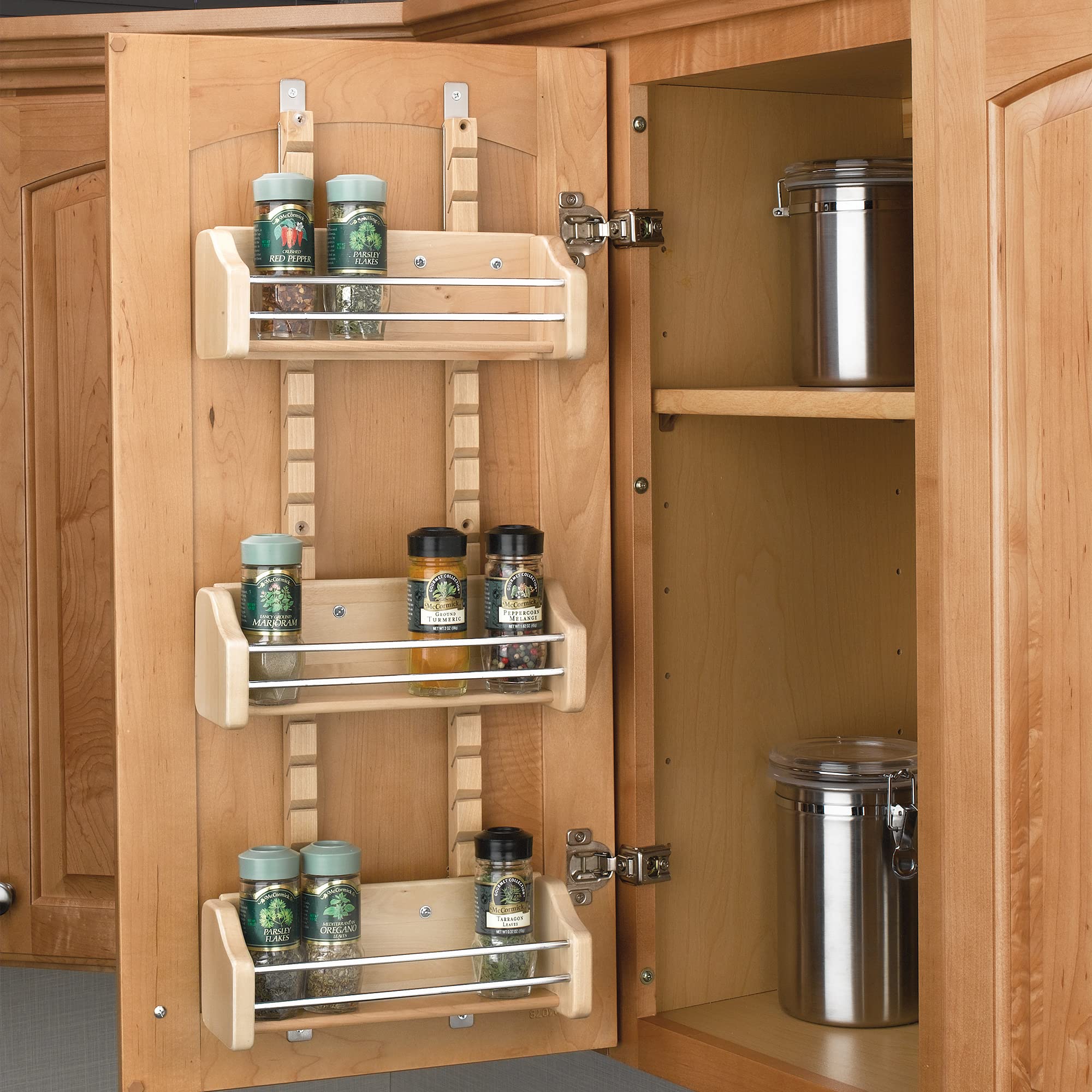 Rev-A-Shelf Pullout Wall Storage Organizer For Kitchen Cabinets, Sliding Door Mounted Spice Rack With 3 Adjustable Shelves, Mapl