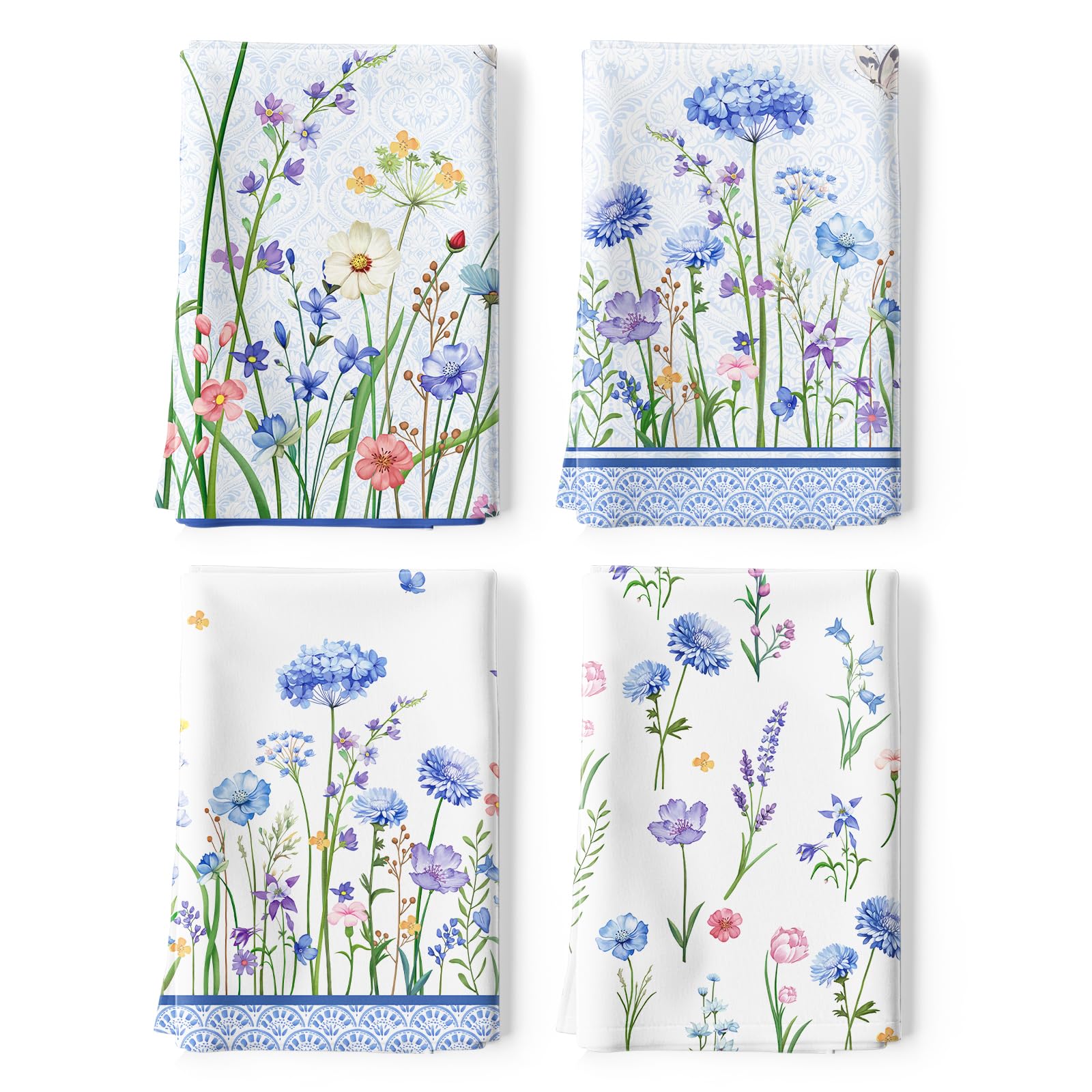 Arquiel Blue Wildflower Tea Towels, Cotton Kitchen Towel 18.9    27.5 Inch, Quick Drying Dish Cloth For Party Anniversary Holida