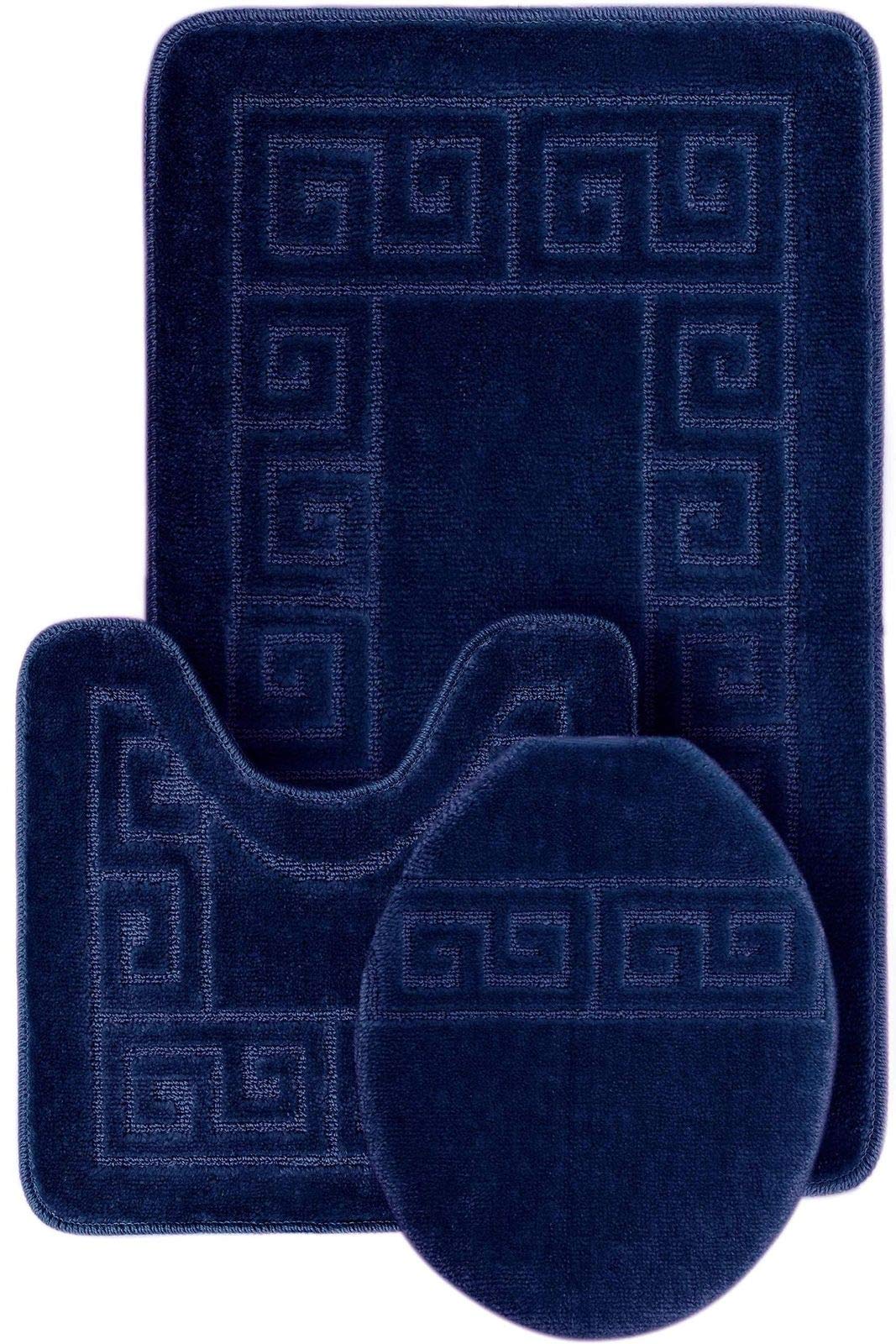 Wpm World Products Mart Bathroom Rugs Set 3 Piece Bath Pattern Rug (20X32)Large Contour Mats (20X20) With Lid Cover (Navy)