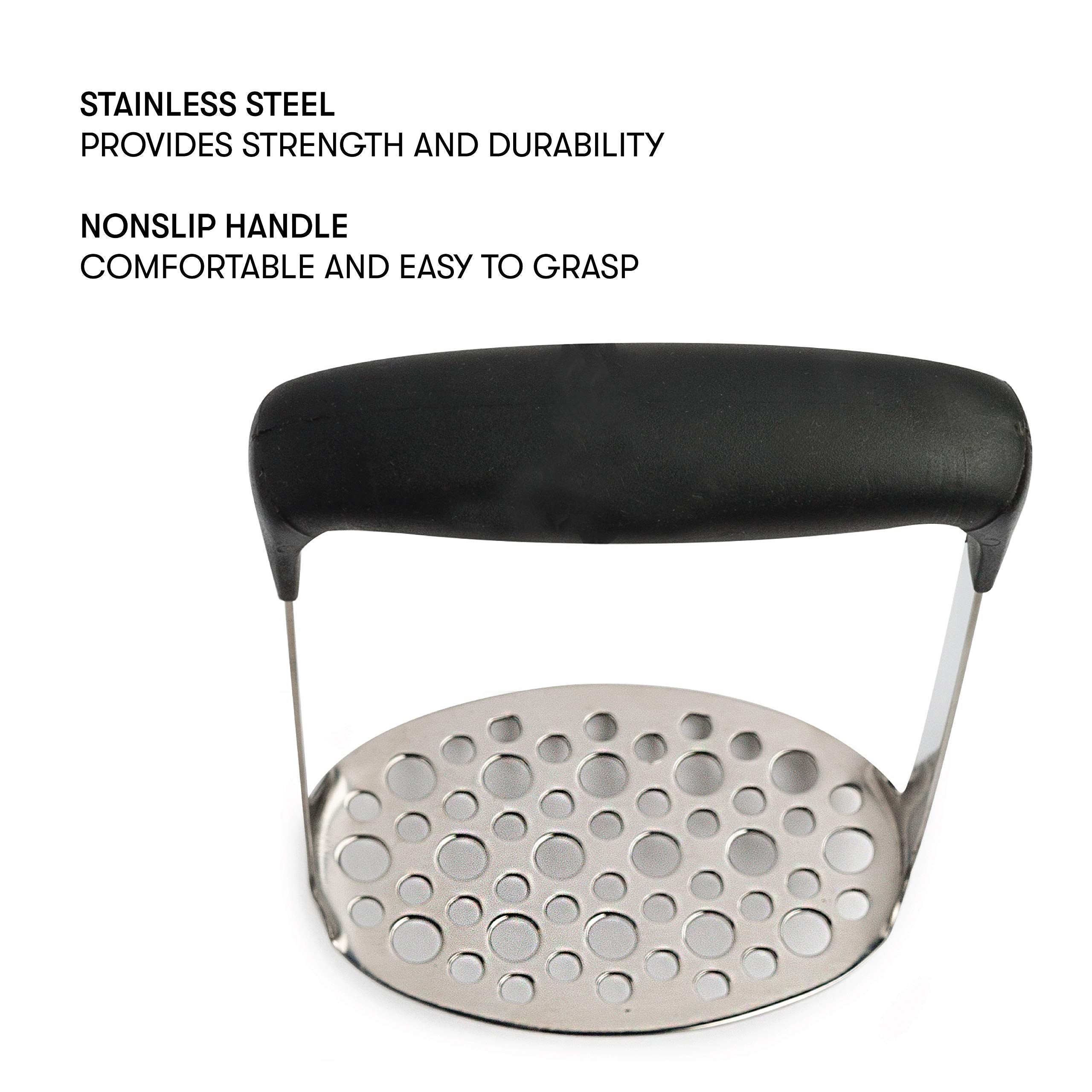 Cooking Light Heavy Duty Stainless Steel Masher, Broad And Ergonomic Horizontal, Fine Plate For Smooth Mashed Potatoes, Soft Gri