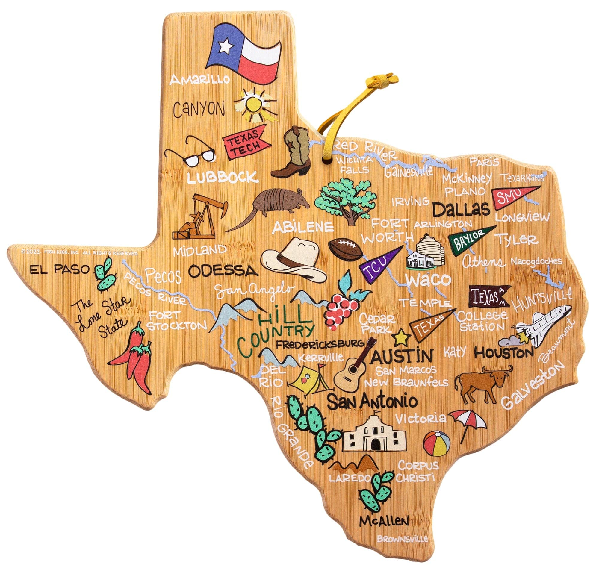 Totally Bamboo Texas State Shaped Cutting Board with Artwork by Fish Kiss - Colorful Map Artwork for Serving, Display or Kitchen
