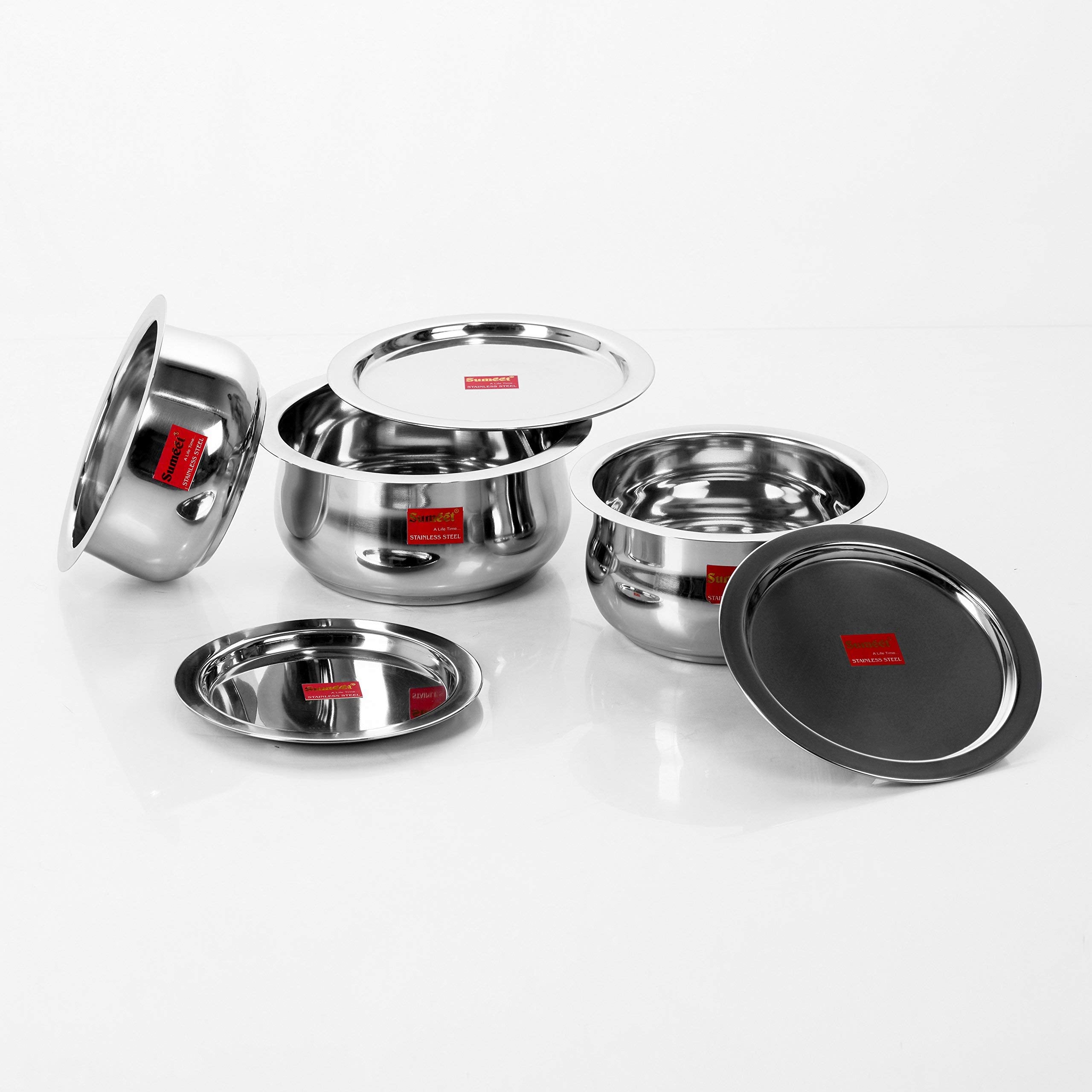 Sumeet 3 Pcs Stainless Steel Induction & Gas Stove Friendly Belly Shape Container Set/Tope/Cookware Set With Lids Size No.12 to