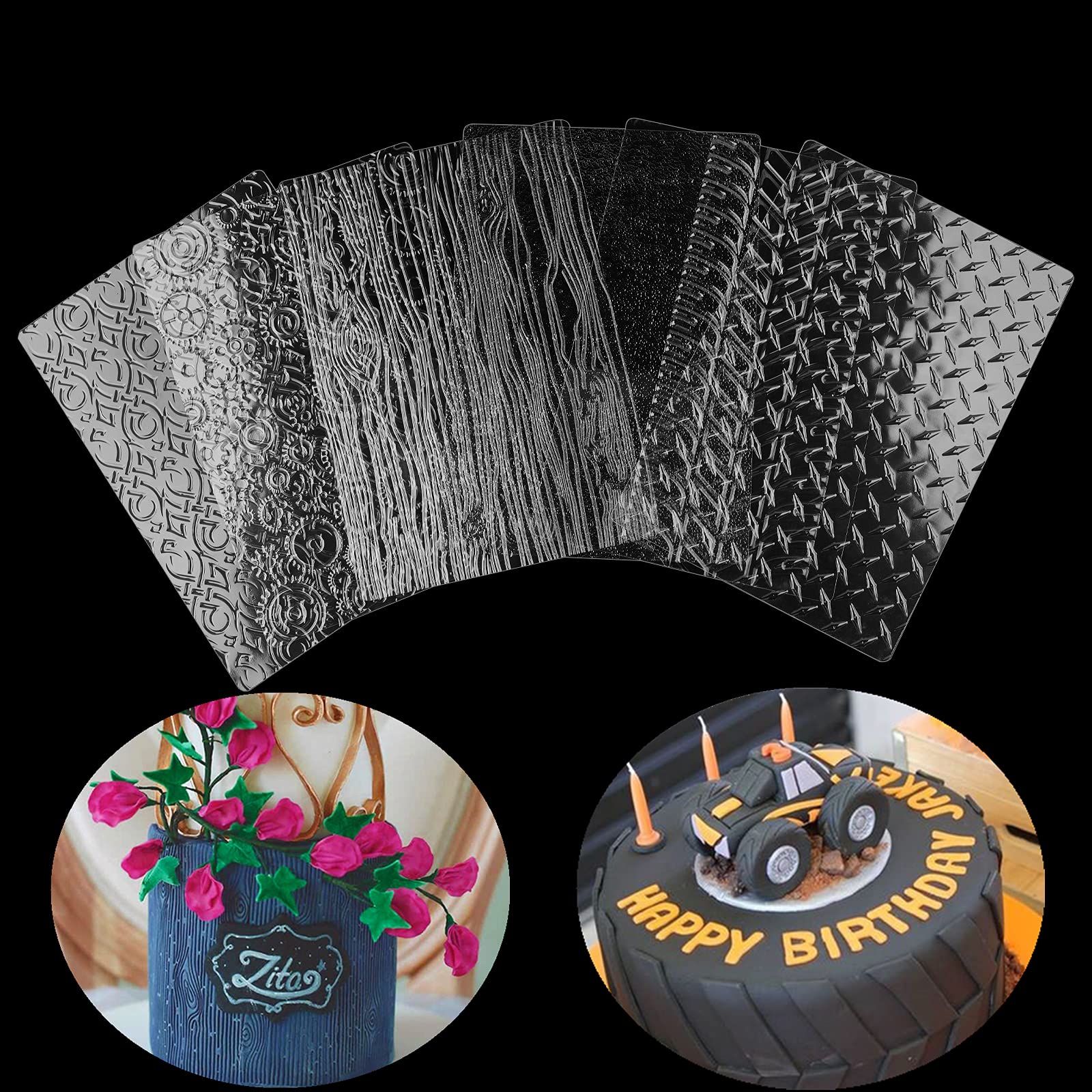 Ocmoiy 6 Pack Fondant Mats Impression Tire Tread/Steel Plate/Steampunk Gears/Wood Grain Texture Mat for Polymer Clay  Chocolate  Fondant Cake Decoration