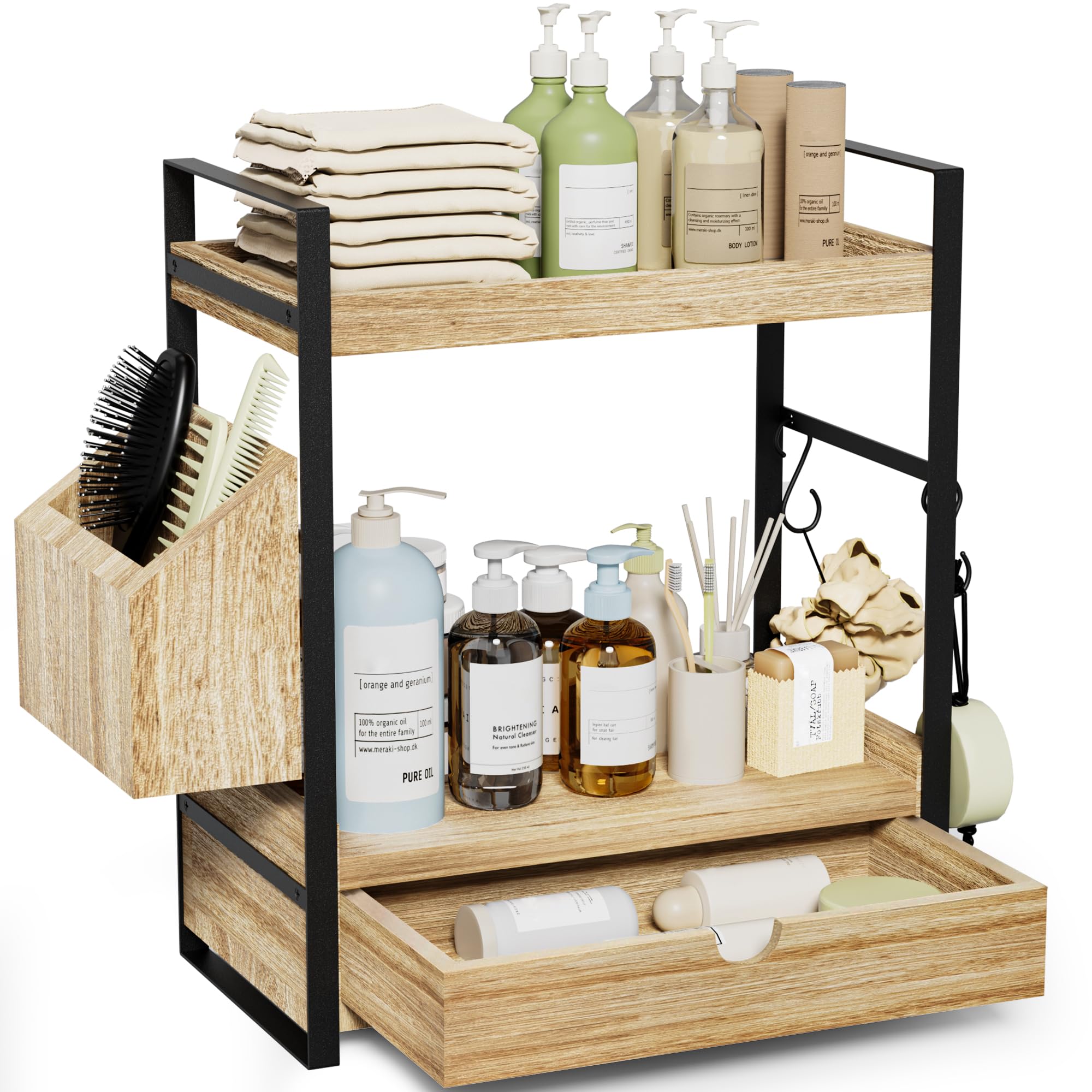 Aollewoiti 2-Tier Bathroom Counter Organizer with Drawer and Basket, Wood Countertop Organizer for Storage, Skincare Organizers 