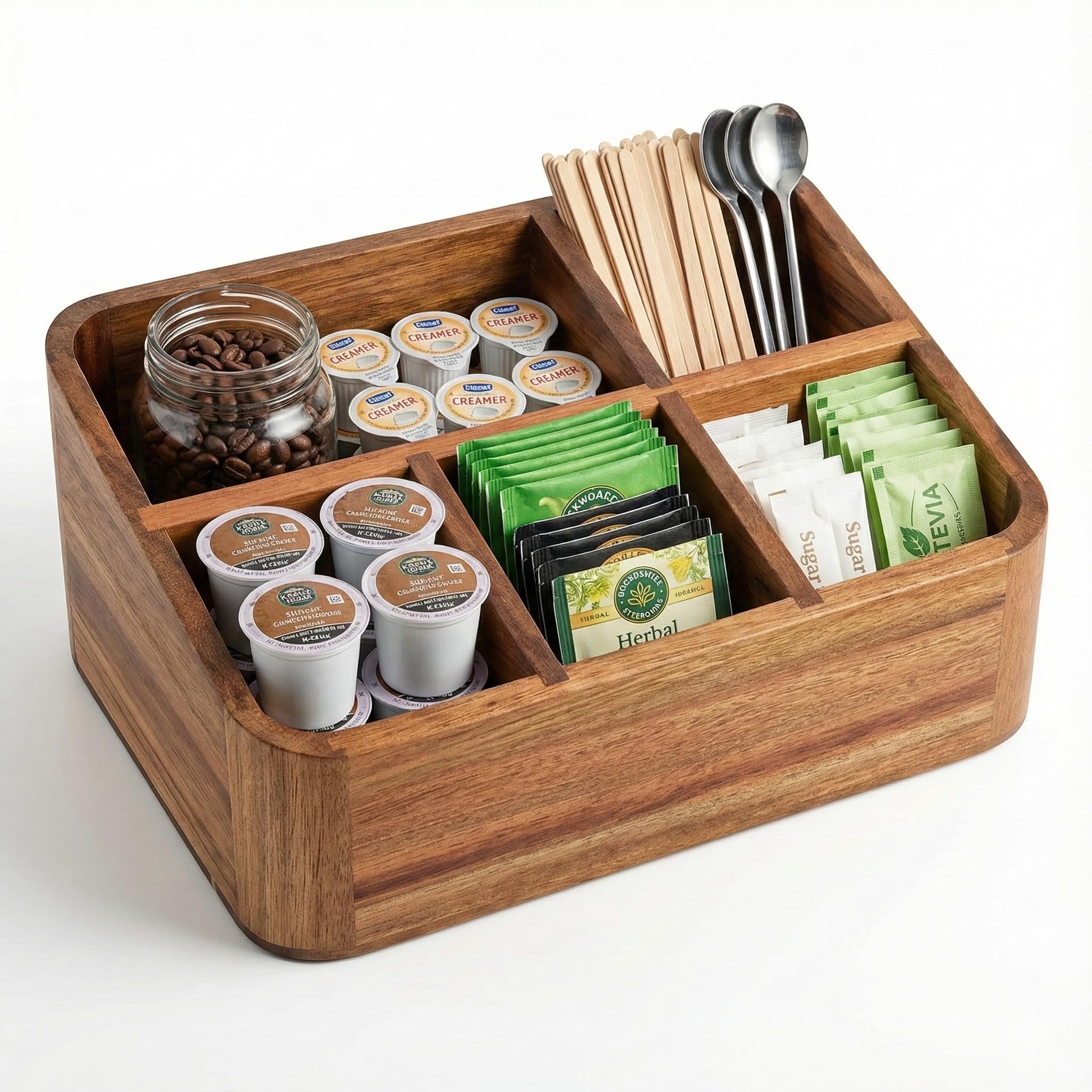 Dstuff Acacia Wood Coffee Station Organizer for Countertop, Tea Organizer and Holder, Coffee Bar Caddy with Multiple Compartment