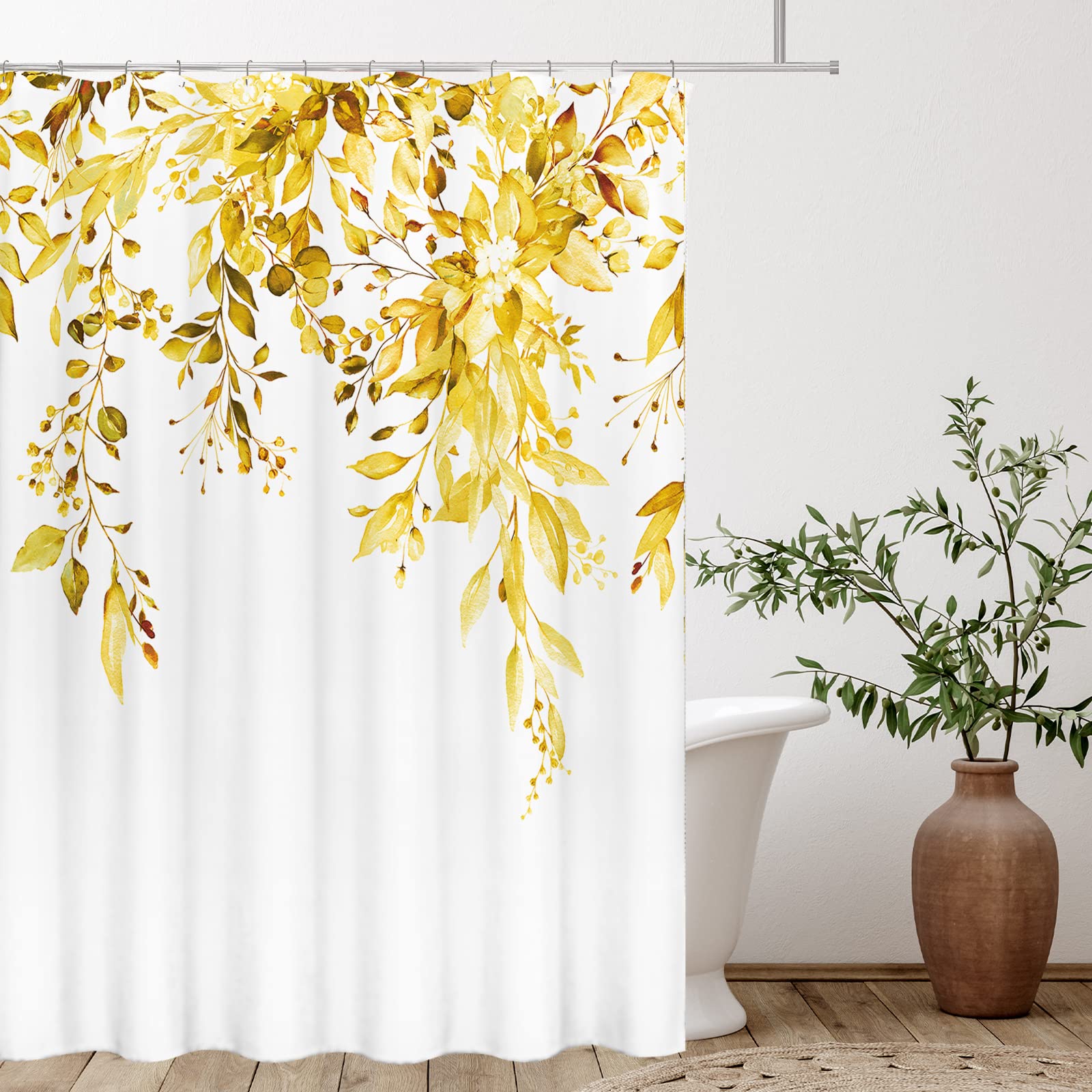 Tititex Yellow Eucalyptus Shower Curtain Sets, Watercolor Bright Leaves On The Top Plant With Floral Bathroom Decoration 72X84 I