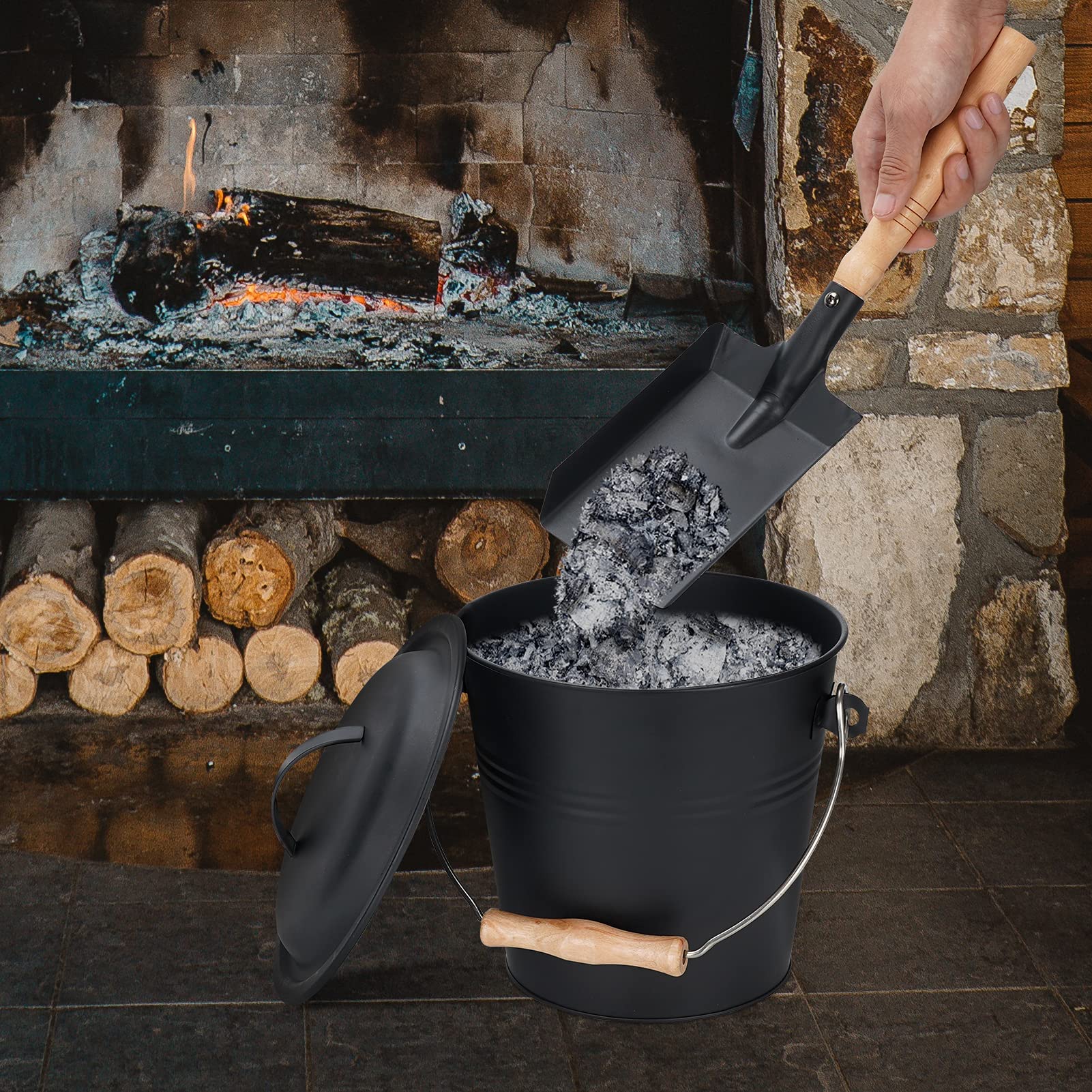 1.5-Gallon Metal Ash Bucket With Lid, Shovel, Broom - For Fireplaces, Wood Stoves