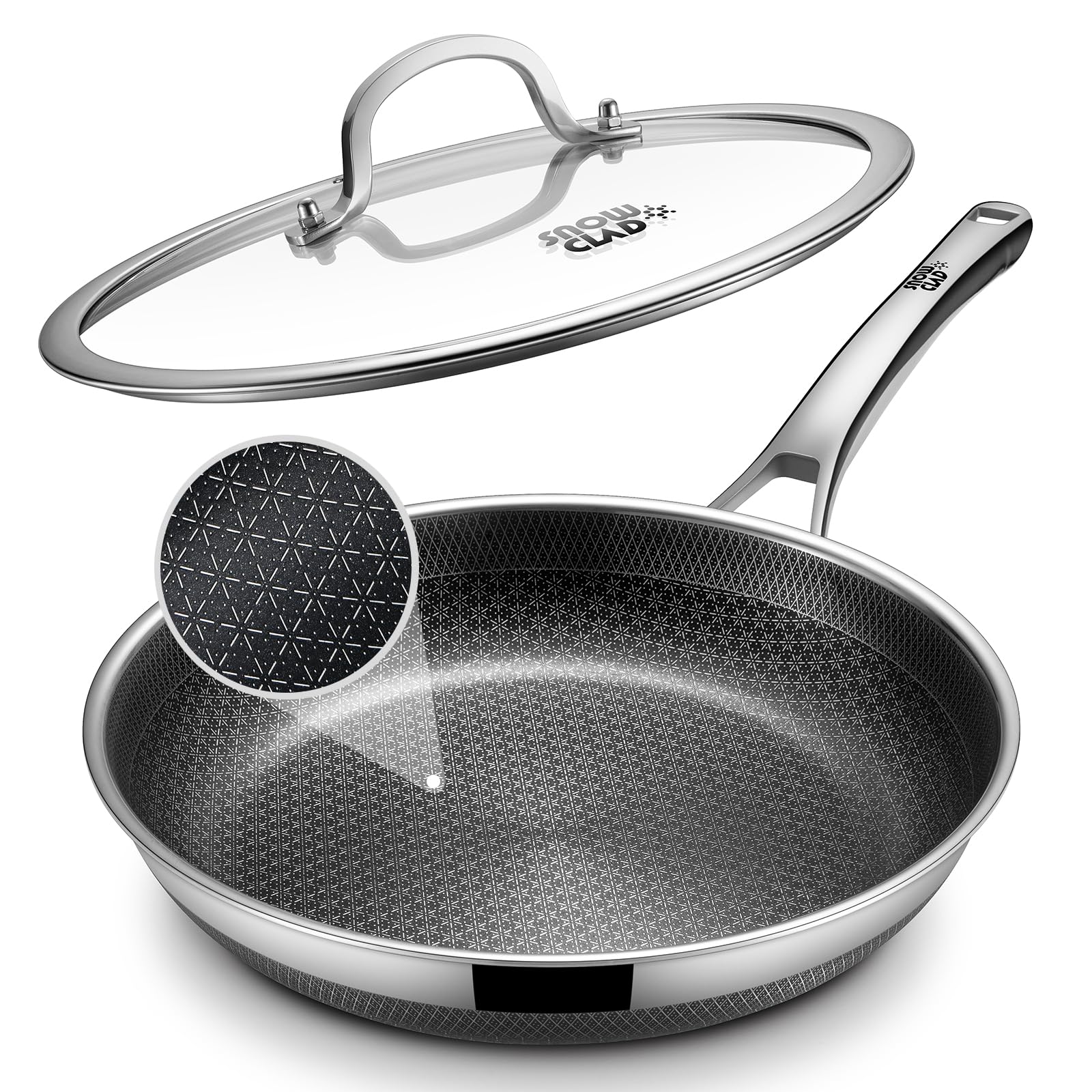 SNOWCLAD Non Stick Frying Pans,12Inch Stainless Steel Skillet,Pan with Lid