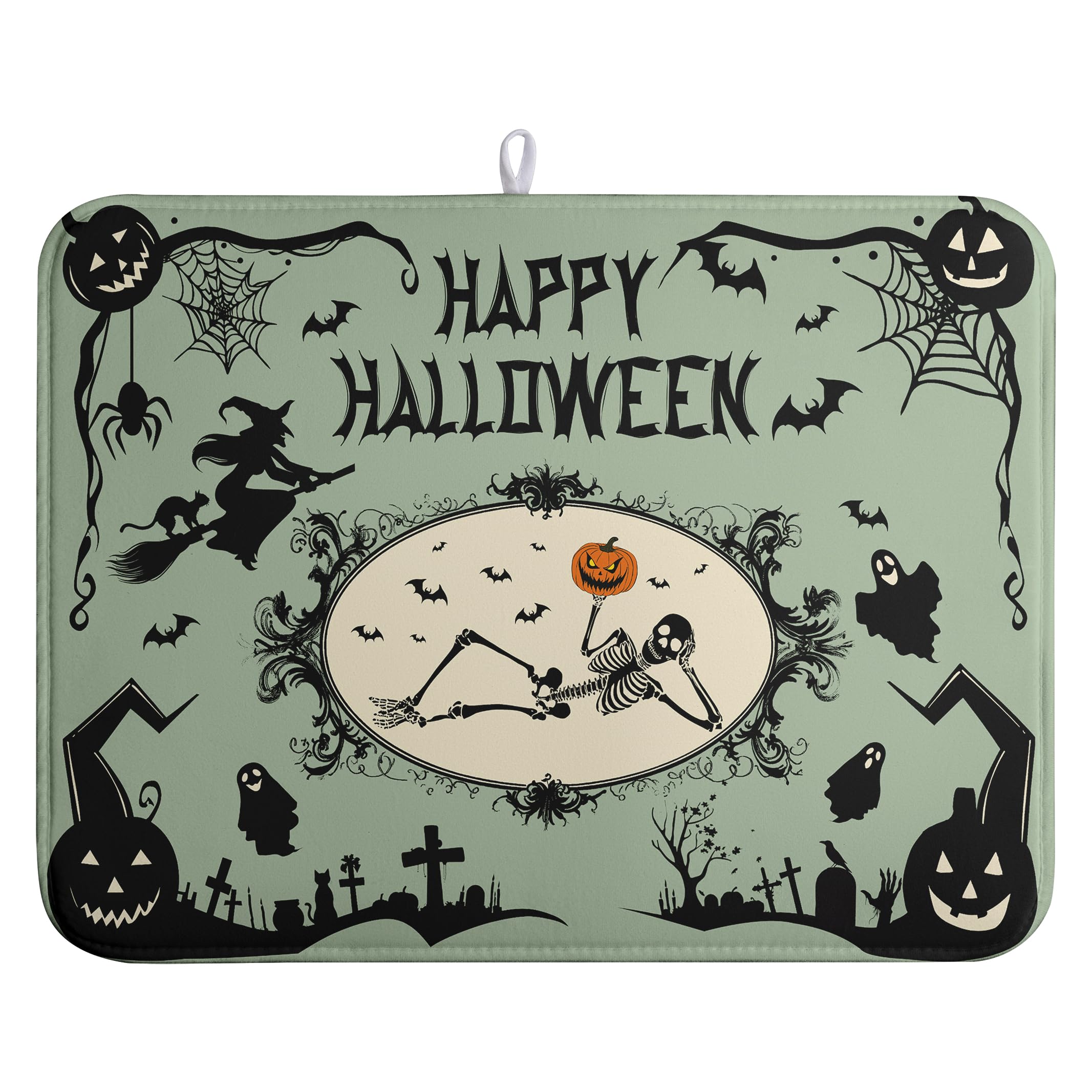 Wnoesat Happy Halloween Dish Drying Mat for Kitchen Counter 18x24 Skull Pumpkin Witch Spider Web Bat Ghost Drying Mats Green Bla