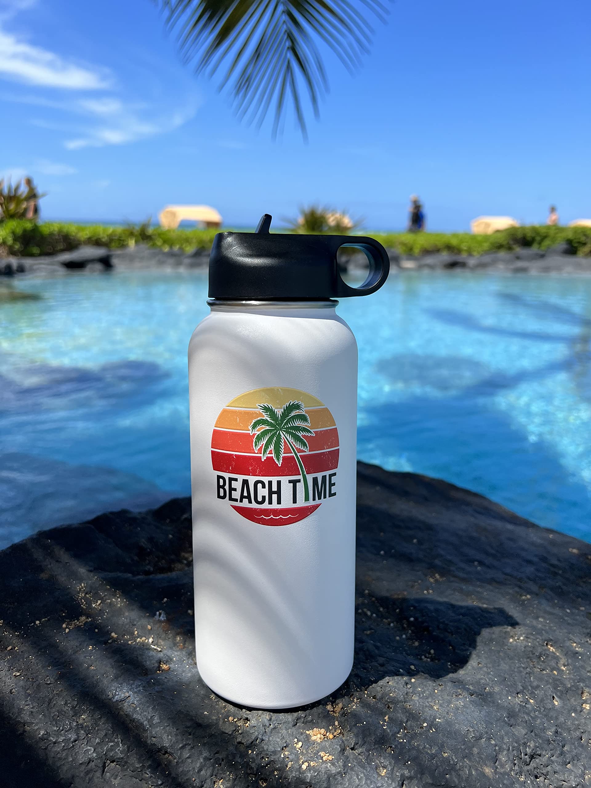 Lifecraft Beach Time 18/8 Stainless Steel Vacuum Insulated Sweat Proof Water Bottle Large 32 Oz Wide Mouth With Straw Flip Lid,
