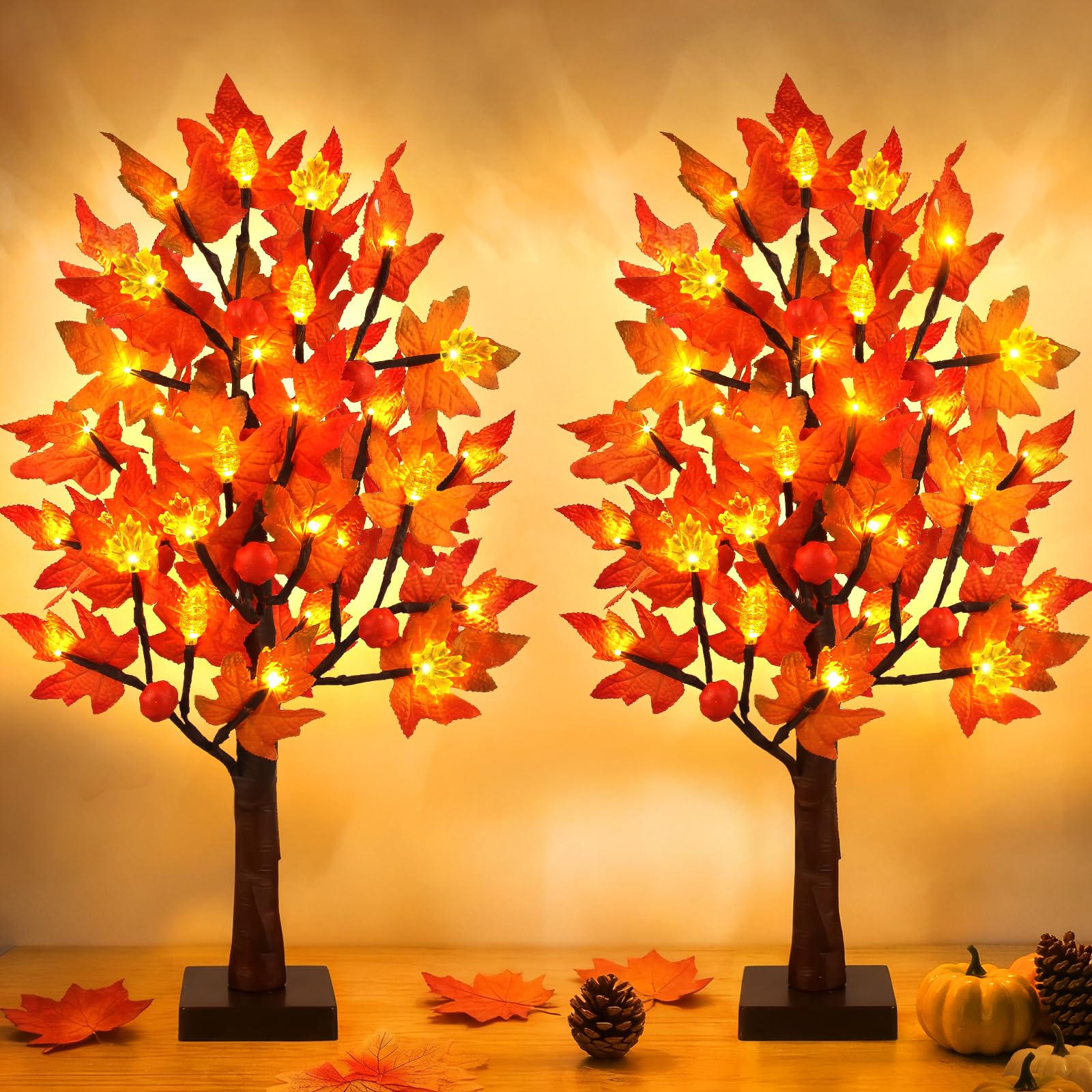 2 Pack 24 Inch Prelit Fall Maple Tree Decorations with 48 LEDs Timer Fall Battery Operated Light Up Artificial Pumpkin Acorn Lig