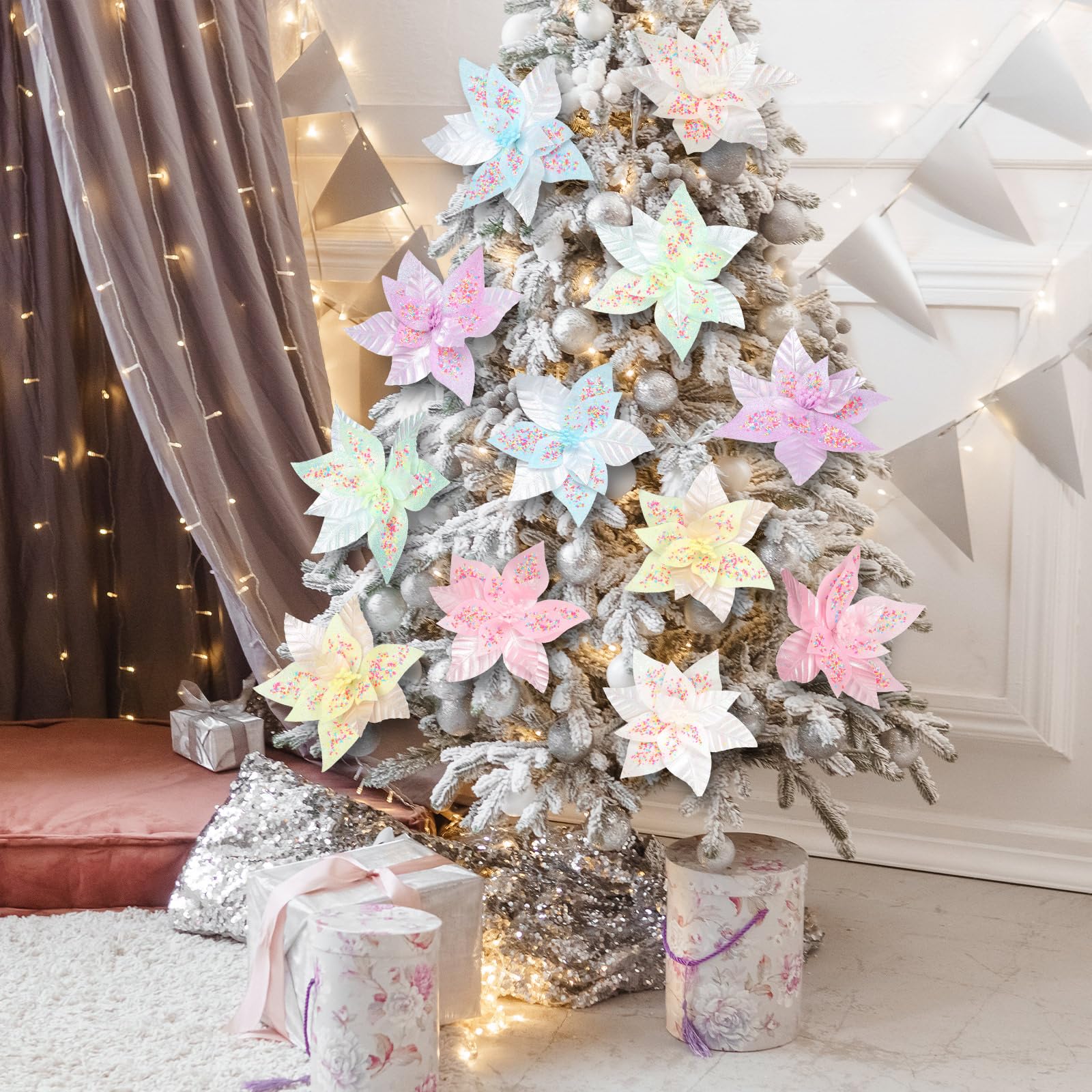 Soulchen 12 Pcs Pastel Christmas Poinsettia Flowers with Stems 9.8 Artificial Pastel Poinsettia Candy Christmas Tree Ornaments