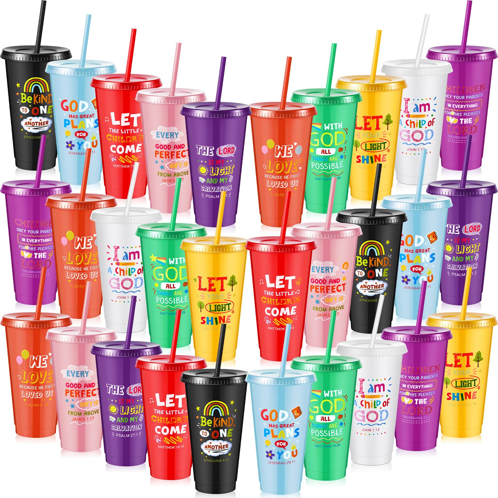 Uiifan 30 Pcs Christian Cups for Kids Bulk, Reusable Plastic Tumblers with Lids and Straws, Bible Verse Cups for Sunday School, 