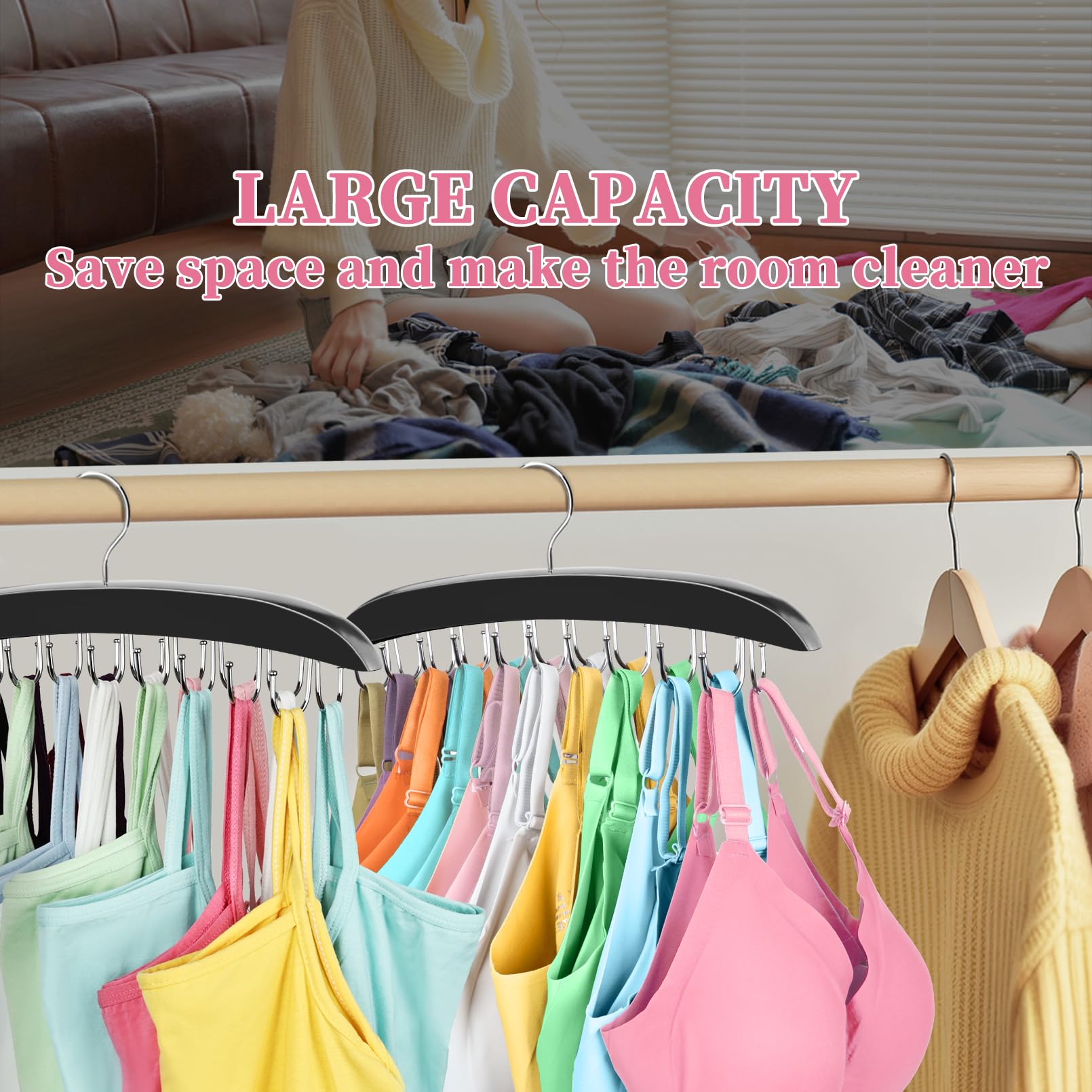 Bra Hanger For Closet, 360 Rotating Bra Organizer Space Saving W/20 Foldable Metal Hooks, Tank Top Hanger Closet Organizers And