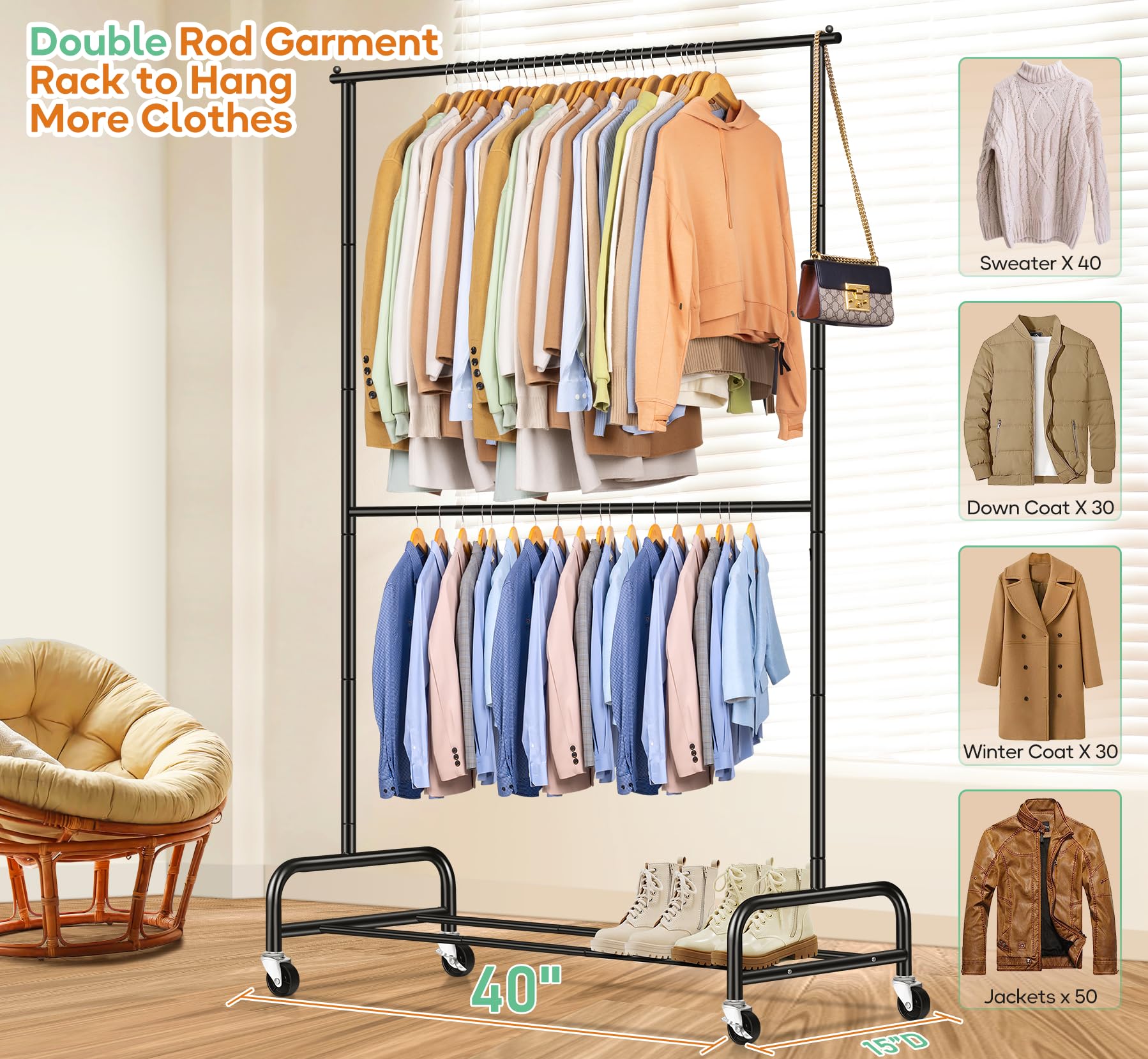 Sleeping Lamb Double Rod Heavy Duty Clothes Racks For Hanging Clothes Rack, Metal Rolling Garment Rack With Wheels Clothes Hange