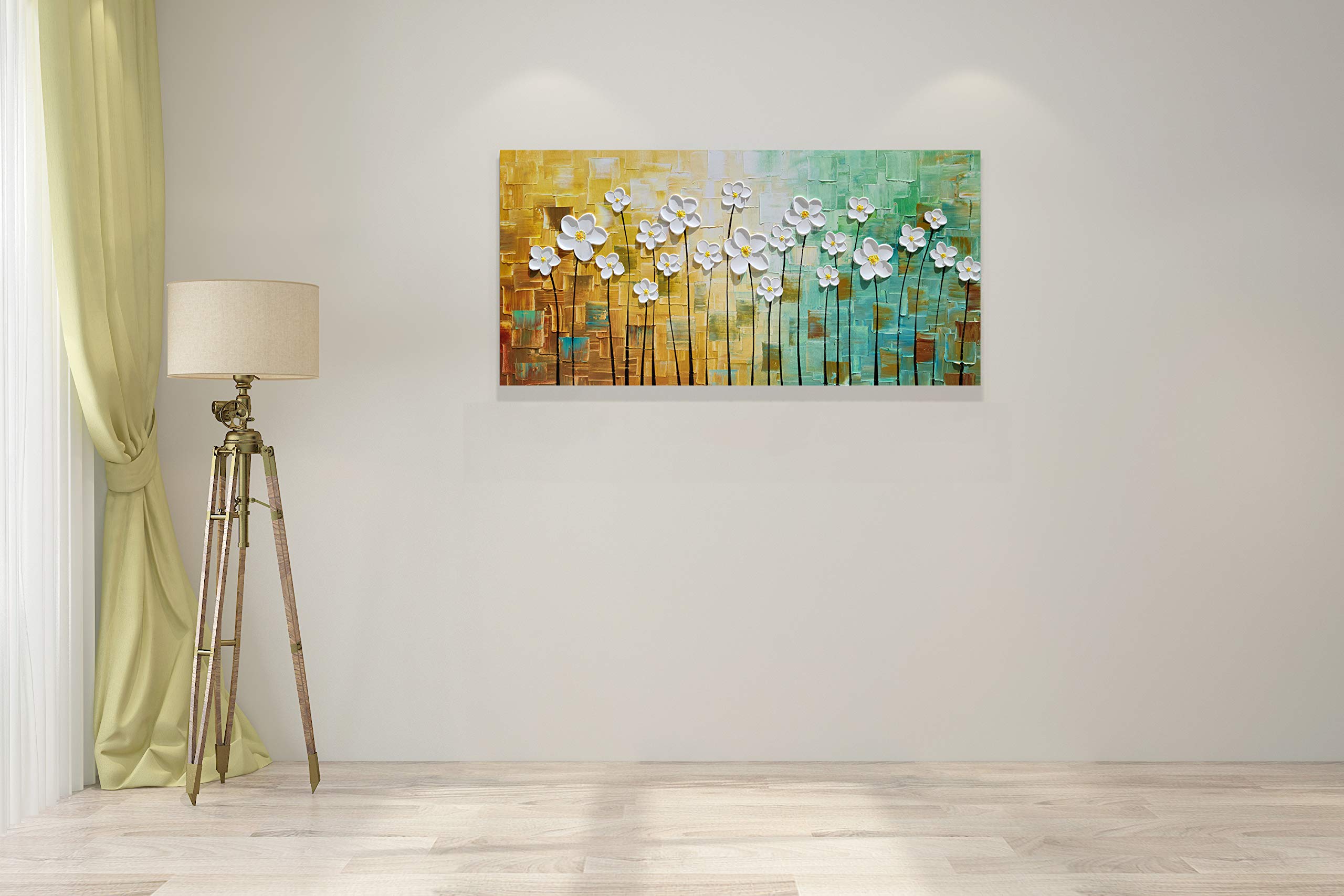 Sygallerier White Floral Canvas Wall Art Hand Painted Heavy Textured Paintings Teal And Yellow Pictures Contemporary Artwork For