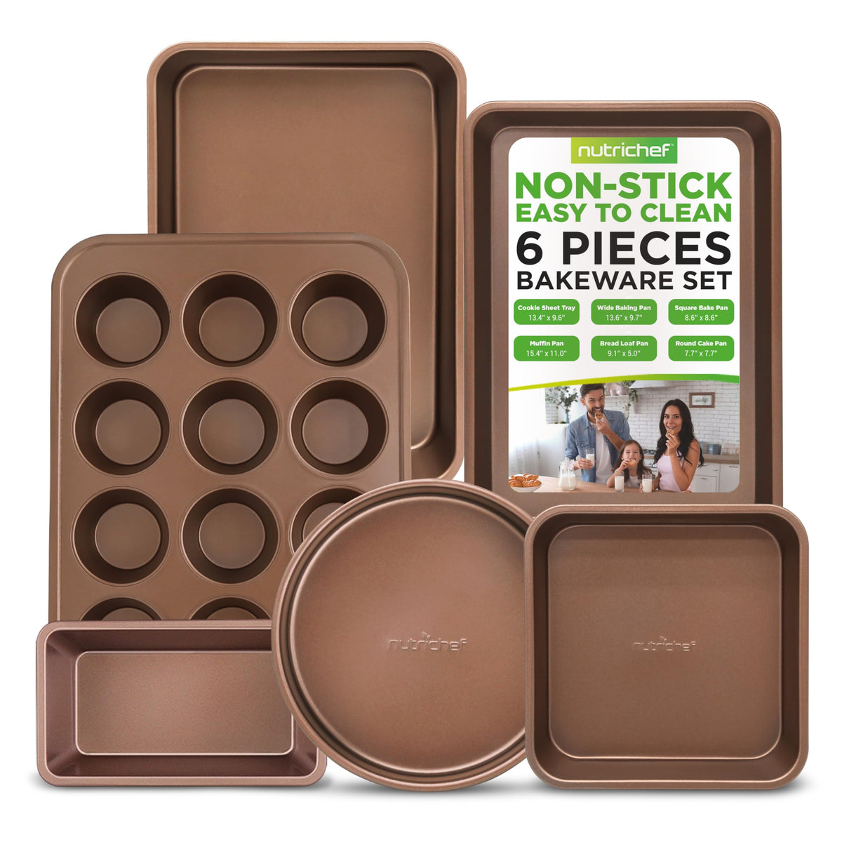 Nutrichef 6-Piece Nonstick Bakeware Set, Carbon Steel Baking Pans, Includes Cookie Trays, Wide & Square Bake Pan, Bread Loaf & R