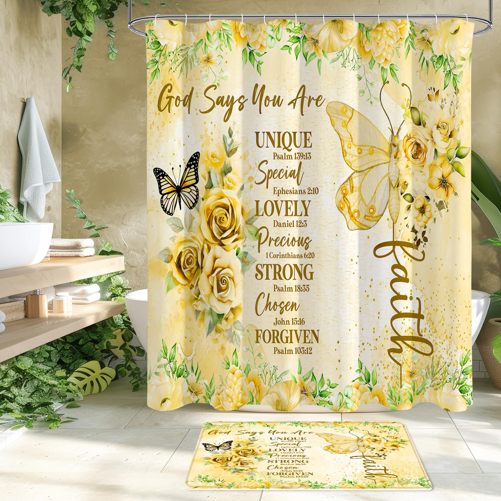 Litabel 4 Pcs Yellow Butterfly Inspirational Quotes Shower Curtain Set With Rugs And Toilet Lid Cover, Colorful Boho Waterproof