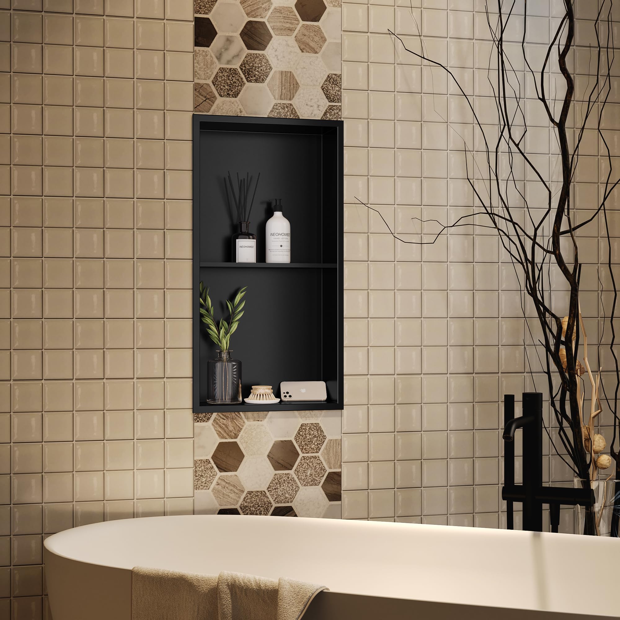 Neodrain No Tile Shower Niche, Stainless Steel Wall Niche 13.1''X25.1''(Inner Size 12''X24''), Two-Tier Bathroom Shelf, No Tile