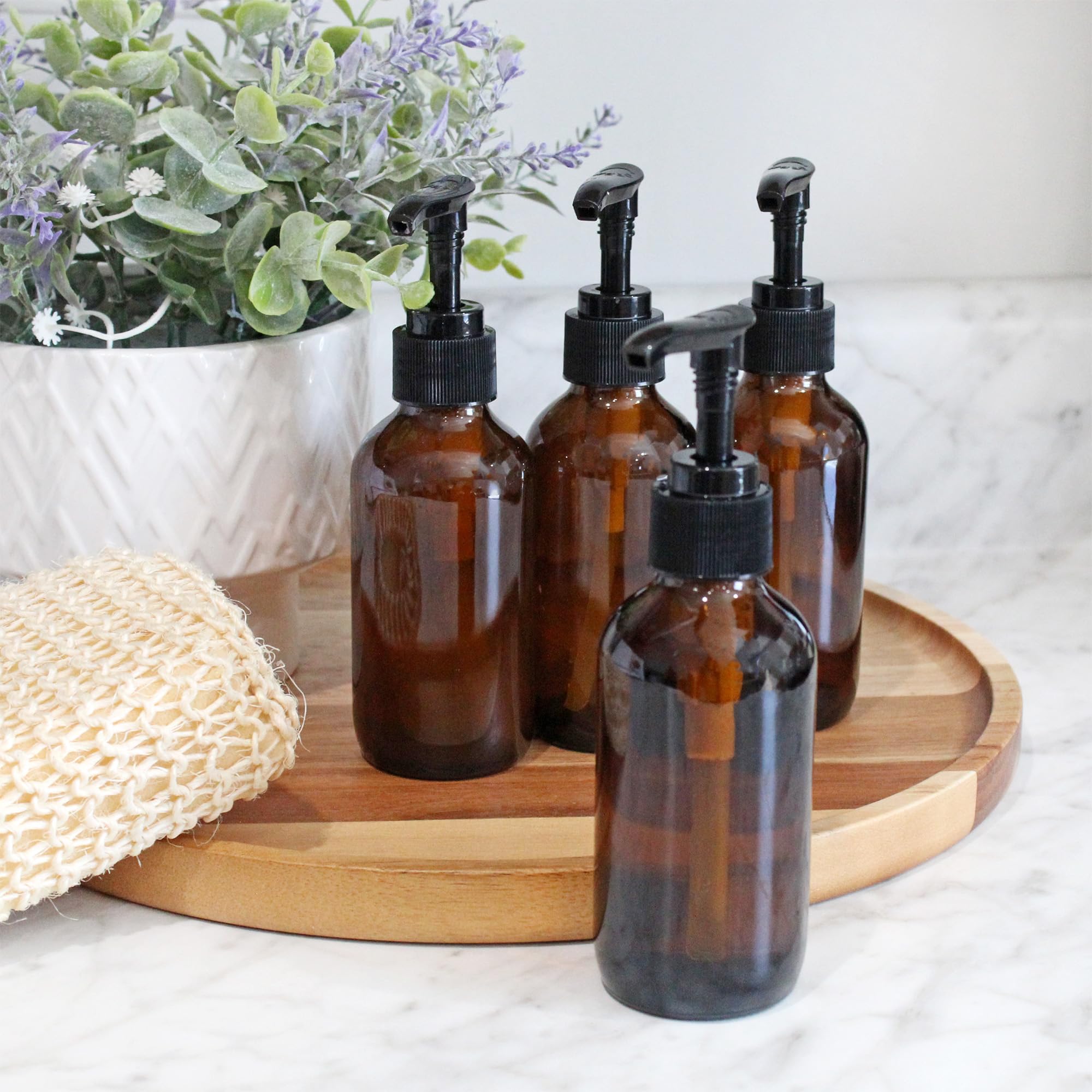 Cornucopia 4Oz Amber Glass Pump Bottles (4-Pack); Great For Lotions, Liquid Soap, Aromatherapy And More