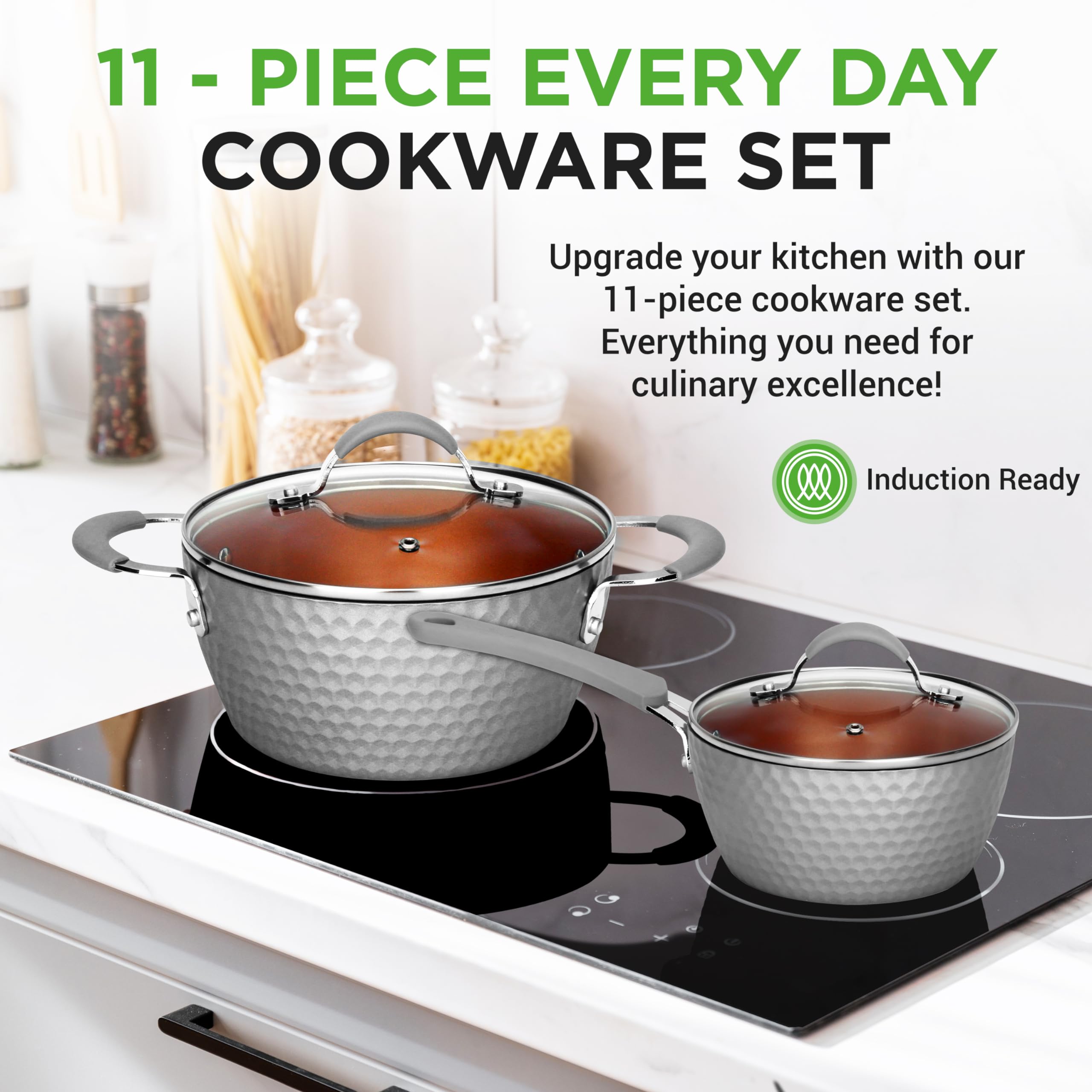 NutriChef 11 Pc Nonstick Cookware - PTFE/PFOA/PFOS Free Kitchenware Pots & Pans Set with Saucepan, Frying Pans, Cooking Pots, Li