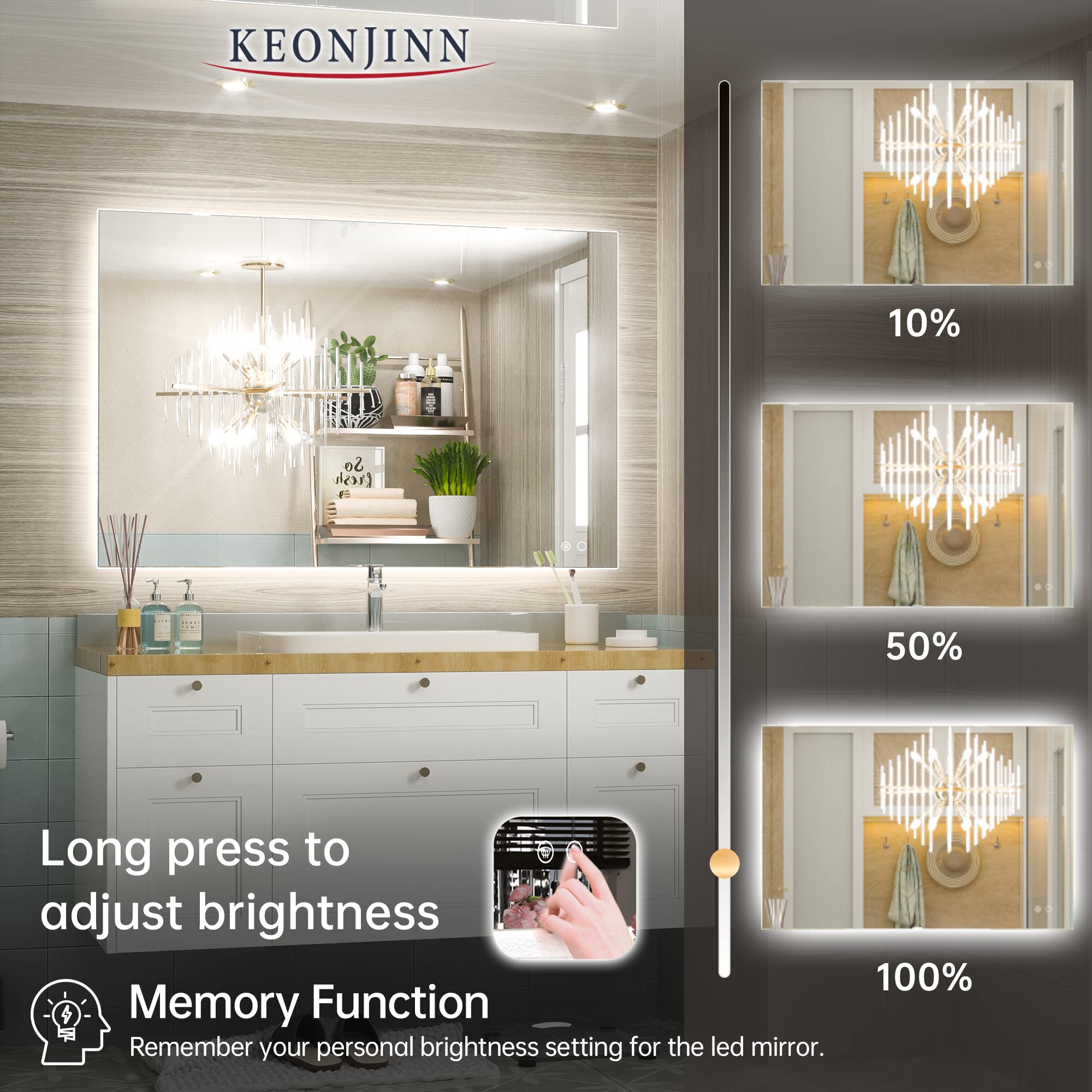 Keonjinn 40 X 28 Inch Led Bathroom Mirror With Lights Backlit Vanity Mirror Dimmable Lighted Bathroom Mirror Large Anti-Fog Wall