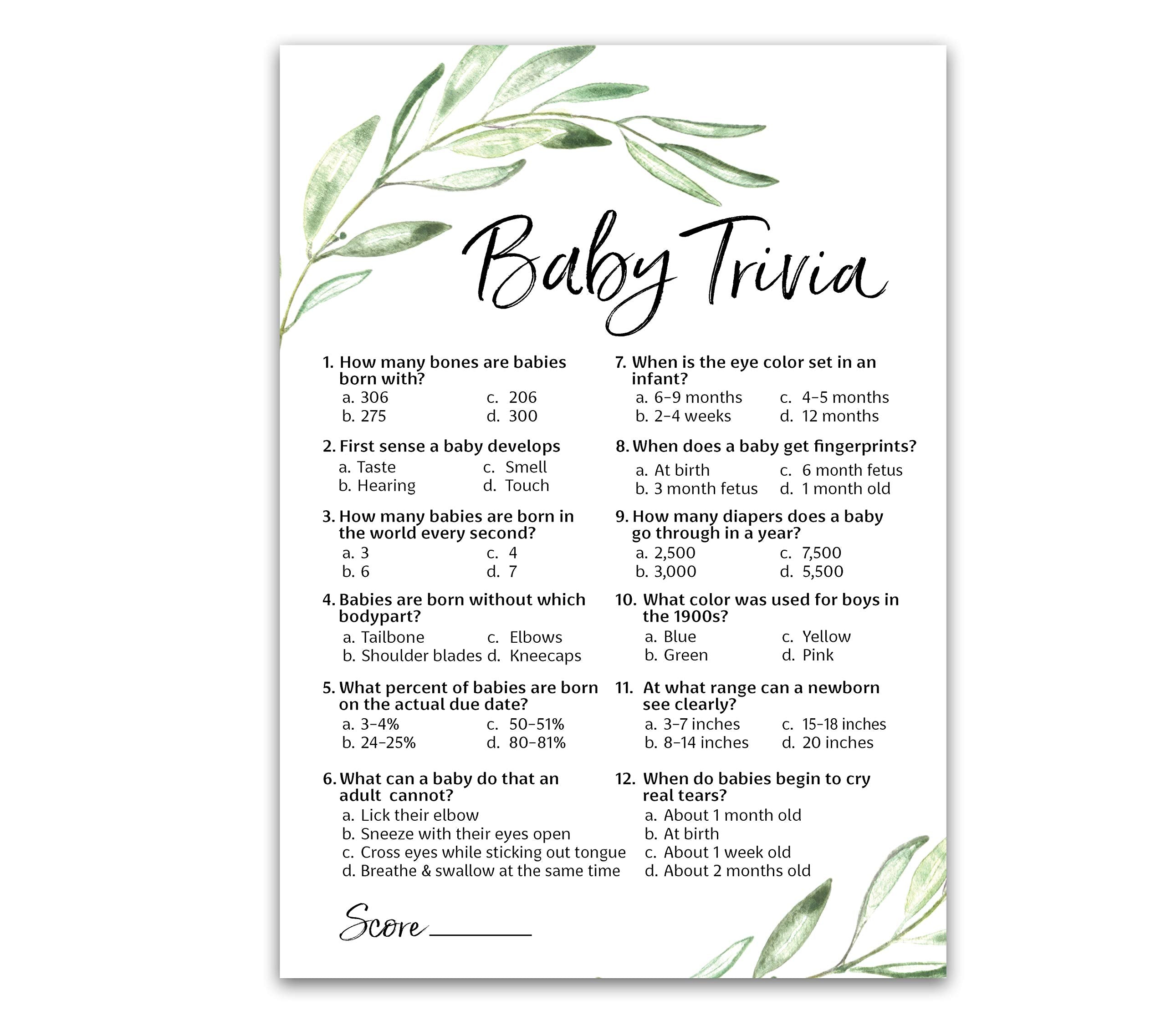 Greenery Baby Shower Game - Baby Trivia Games - Pack Of 25 - Fun Baby Facts Games, Floral, Green, Olive Branch Baby Shower Activ