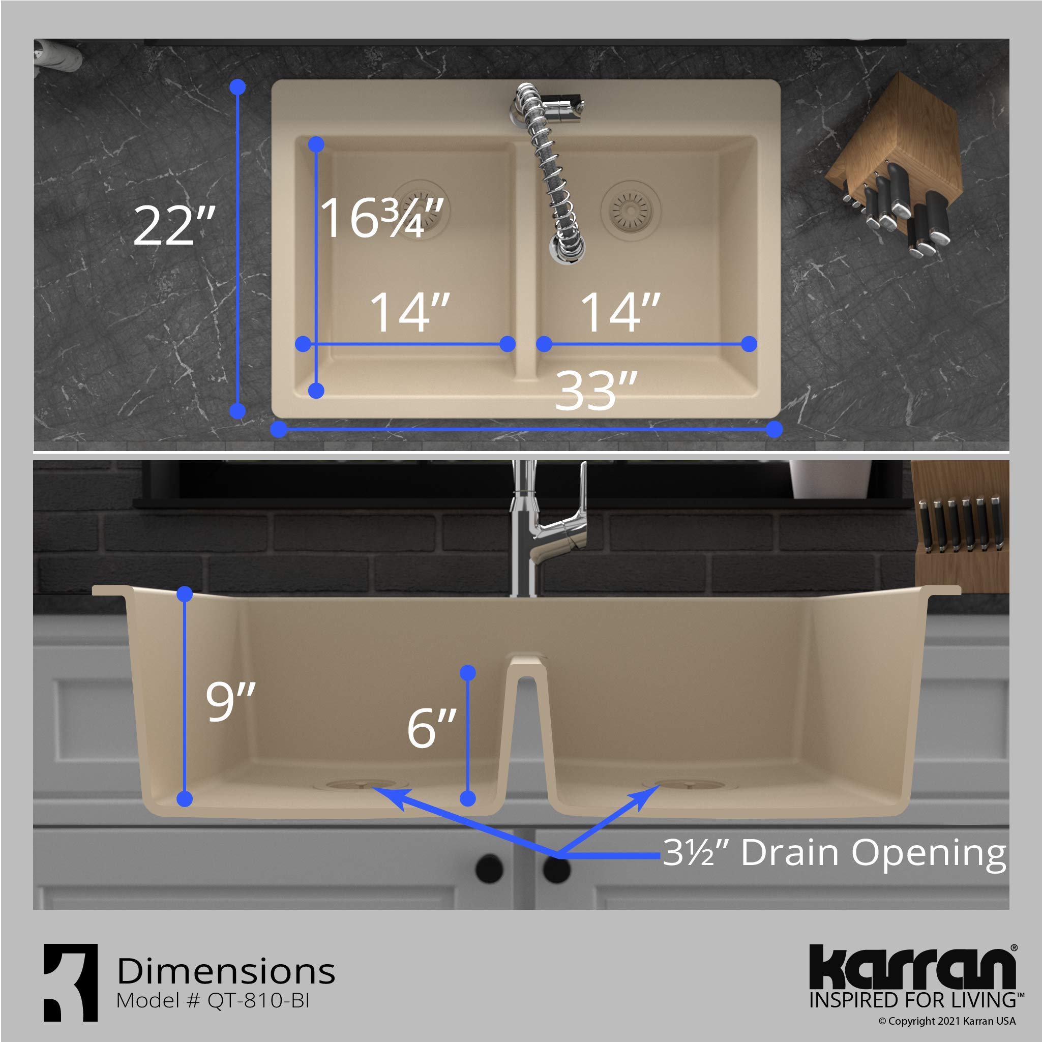 Karran Qt-810 33'' Top Mount Double Equal Bowl Quartz Kitchen Sink In Bisque
