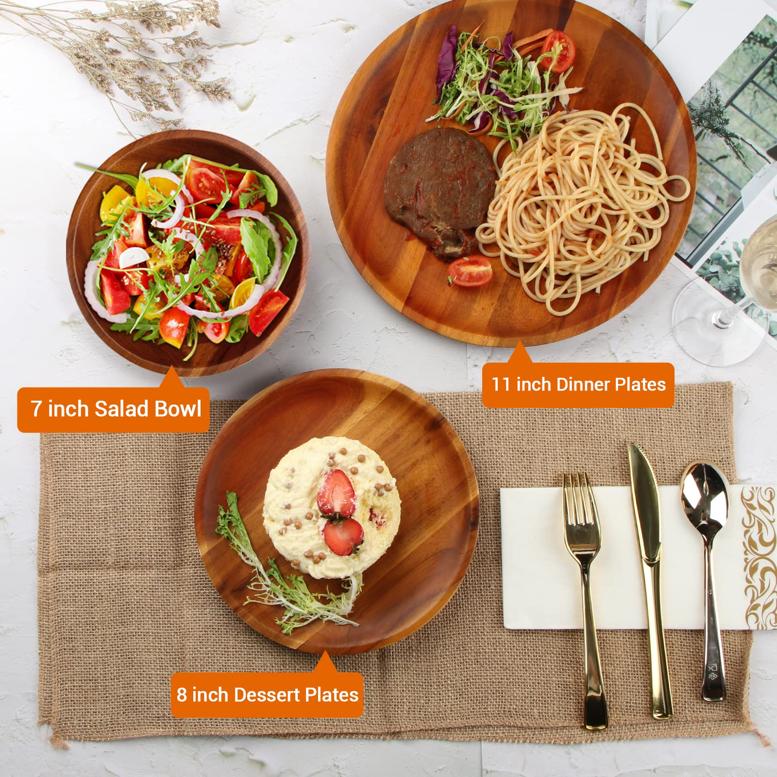 Aidea Acacia Wood Dinner Plates, 8 Inch Round Wood Plates Set Of 4, Easy Cleaning & Lightweight For Dishes Snack, Dessert, Unbre