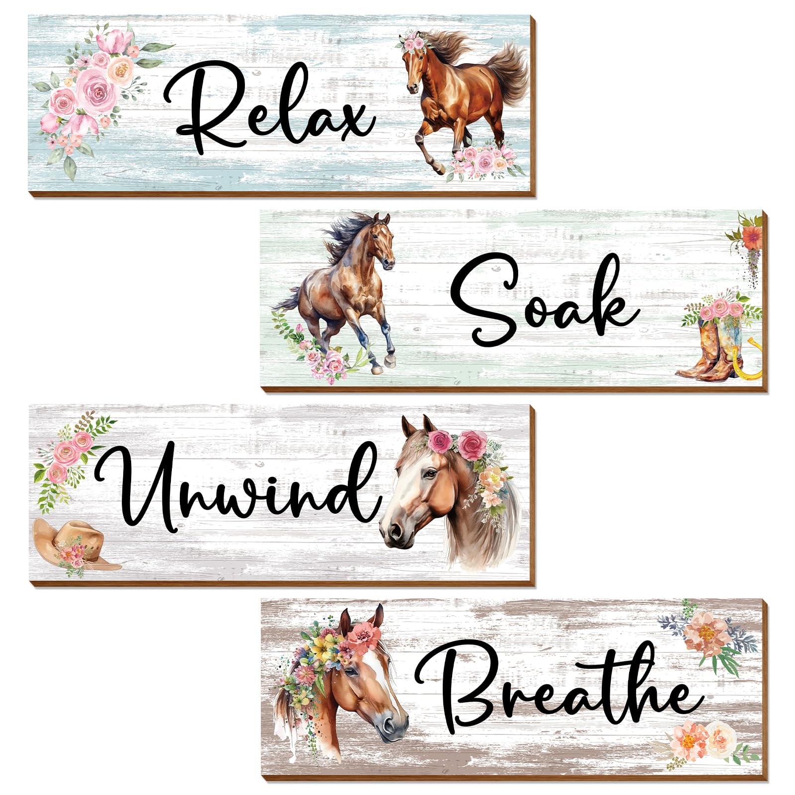 Thrist Cowgirl Horse Theme Wall Decor 4Pcs Spiritual Healing Wall Decor Wooden Horse Wall Art Picture Relax Soak Unwind Breathe