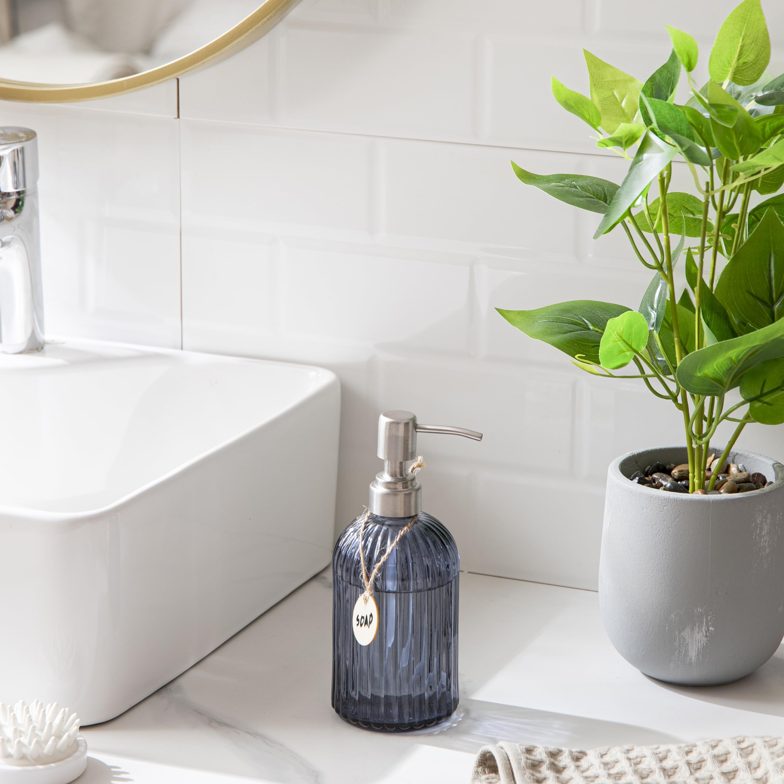 Hblife 16 Oz Soap Dispenser With 304 Rustproof Stainless Steel Pump,Vertical Stripe Kitchen Bathroom Soap Dispenser,Refillable L