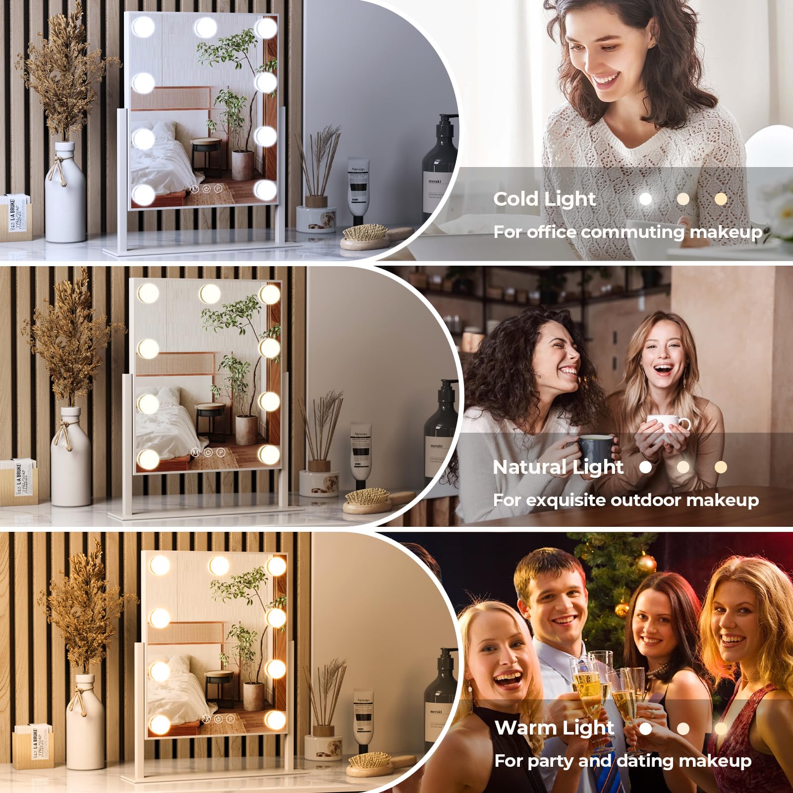 ZL ZELing Vanity Mirror with Lights Tabletop Makeup Mirror with 9 LED Lights Smart Touch Control 3 Colors Light 360Rotation