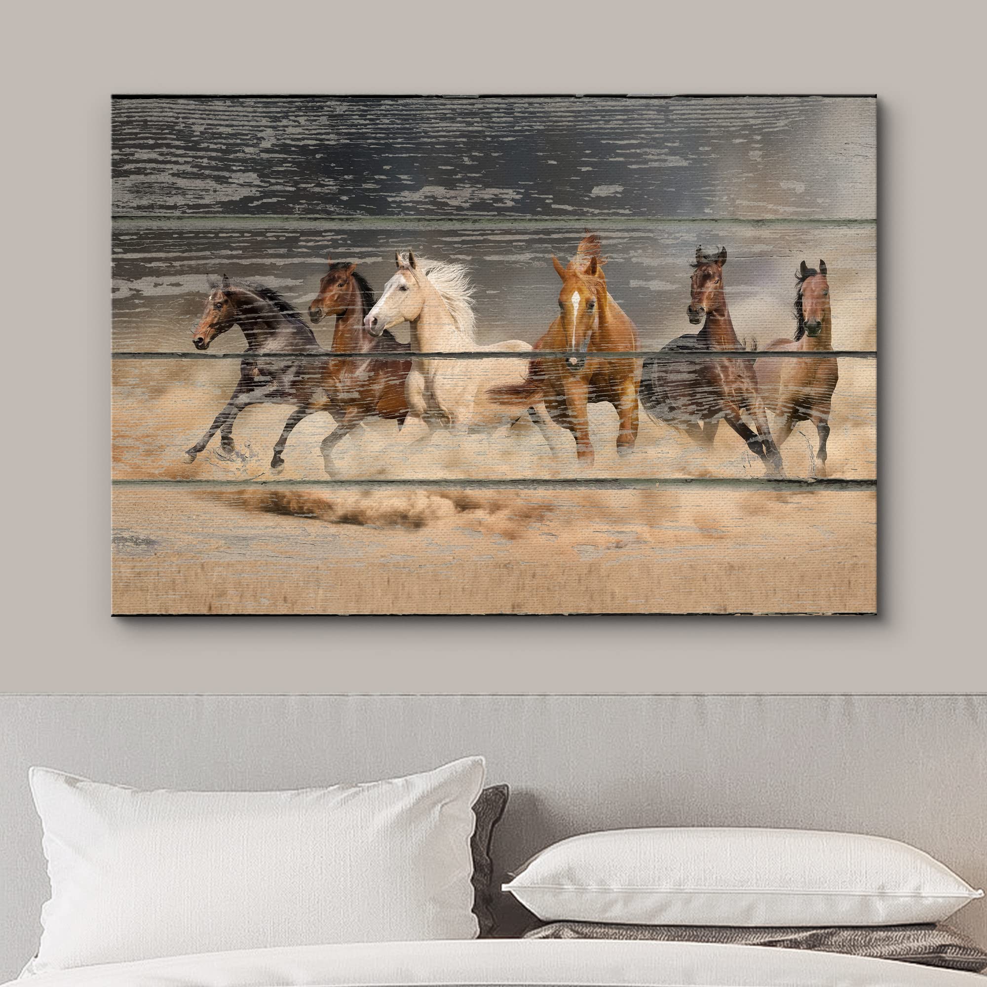 Wall26 Canvas Print Wall Art Galloping White, Brown & Black Horses Animals Wildlife Wood Panels Photography Rustic Scenic Colorf
