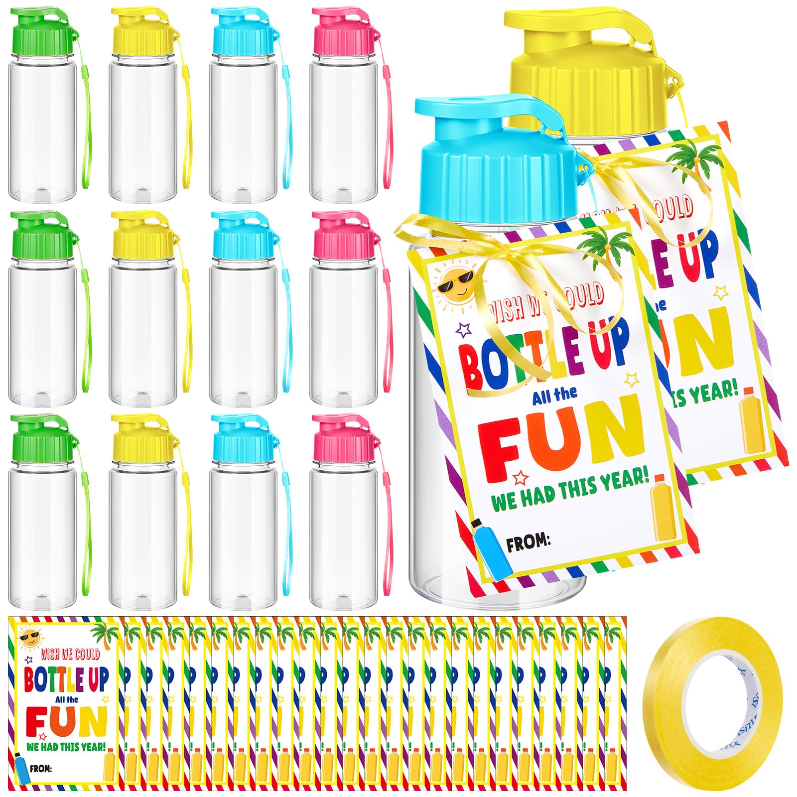 Maxdot 24 Sets End of Year Gifts for Students from Teacher Plastic Water Bottles with Gift Cards 14 oz Portable Sports Colorful 