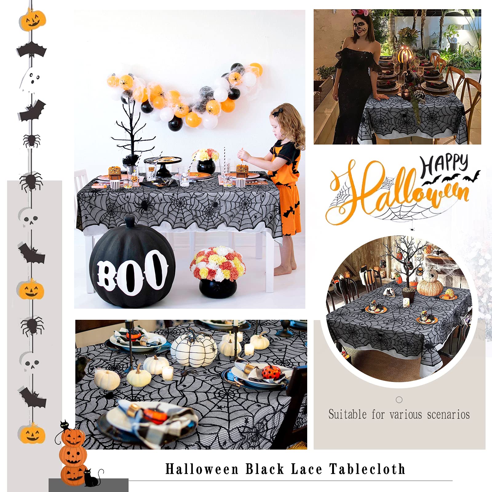 Luoluohouse Black Lace Tablecloth 54X72 Inch Halloween Tablecloths Spider Cobweb Table Cover For Masquerade Dinner Party Scary M