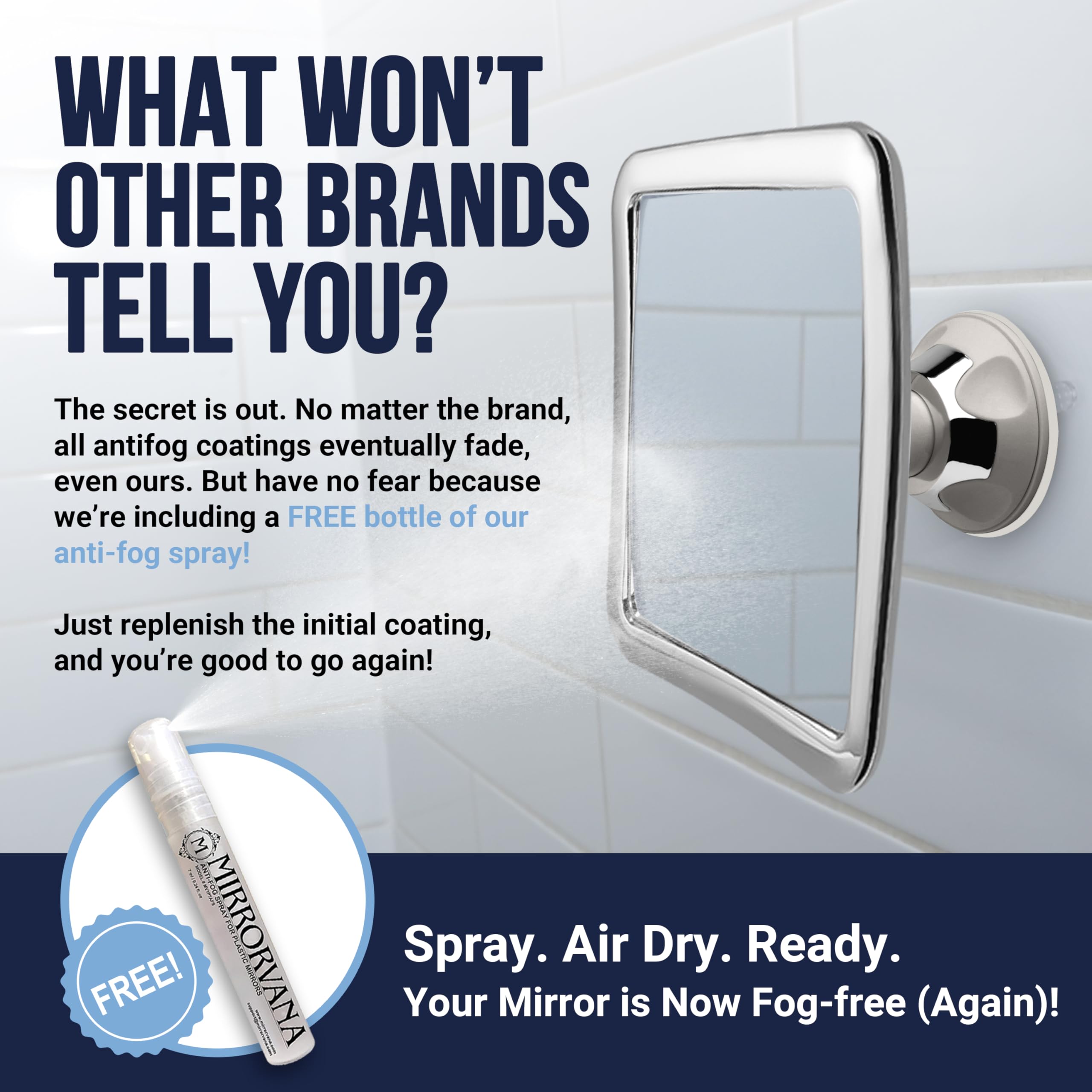 Mirrorvana Fogless Shower Mirror For Shaving With Upgraded Suction-Cup, 1X Magnifying, 6.3 X 6.3 Inch (Chrome Frame, Grey Suctio