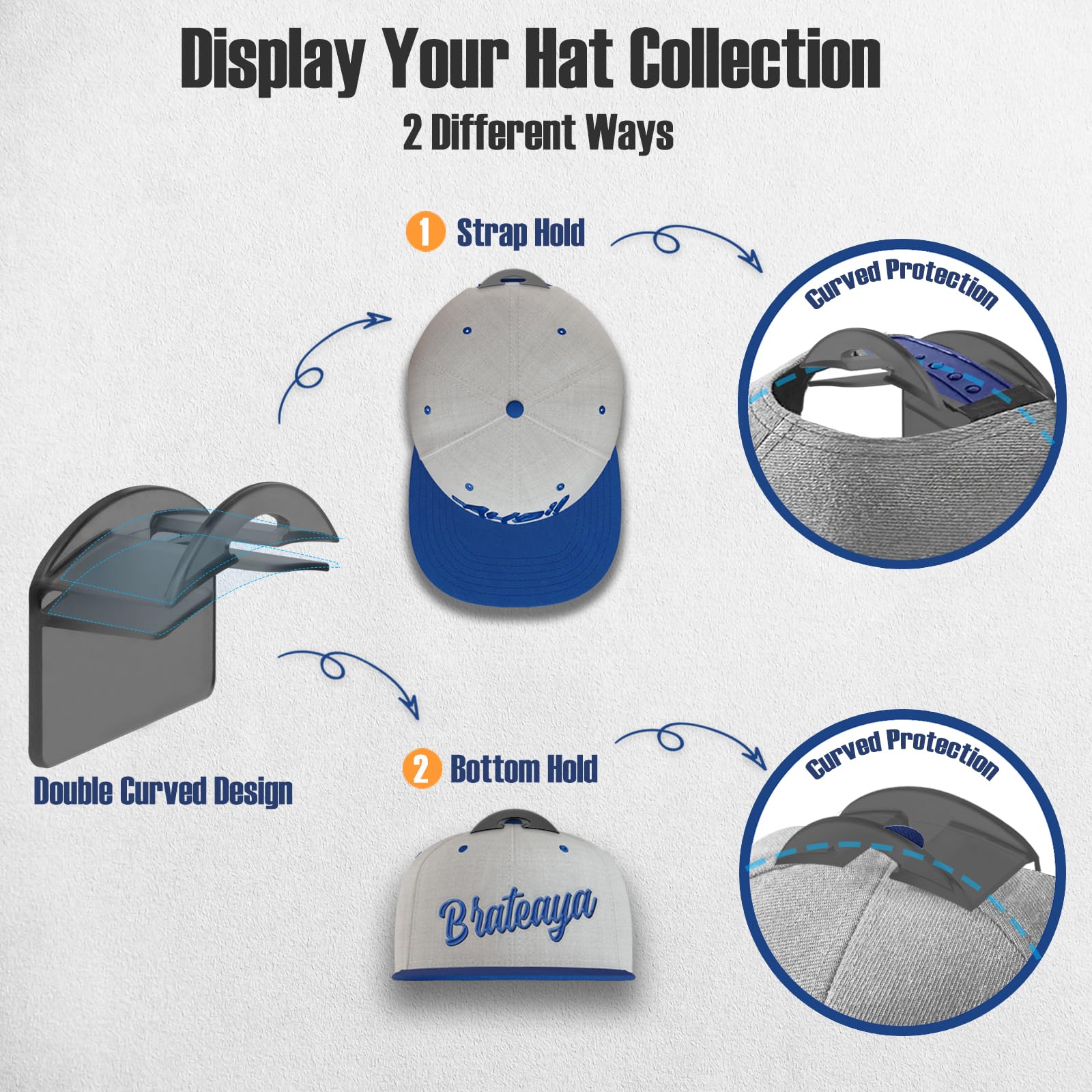 Brateaya Hat Hooks For Baseball Caps Wall Mount (20 Pack), 2 Different Ways Hat Racks To Organize & Display, Adhesive Hat Holder