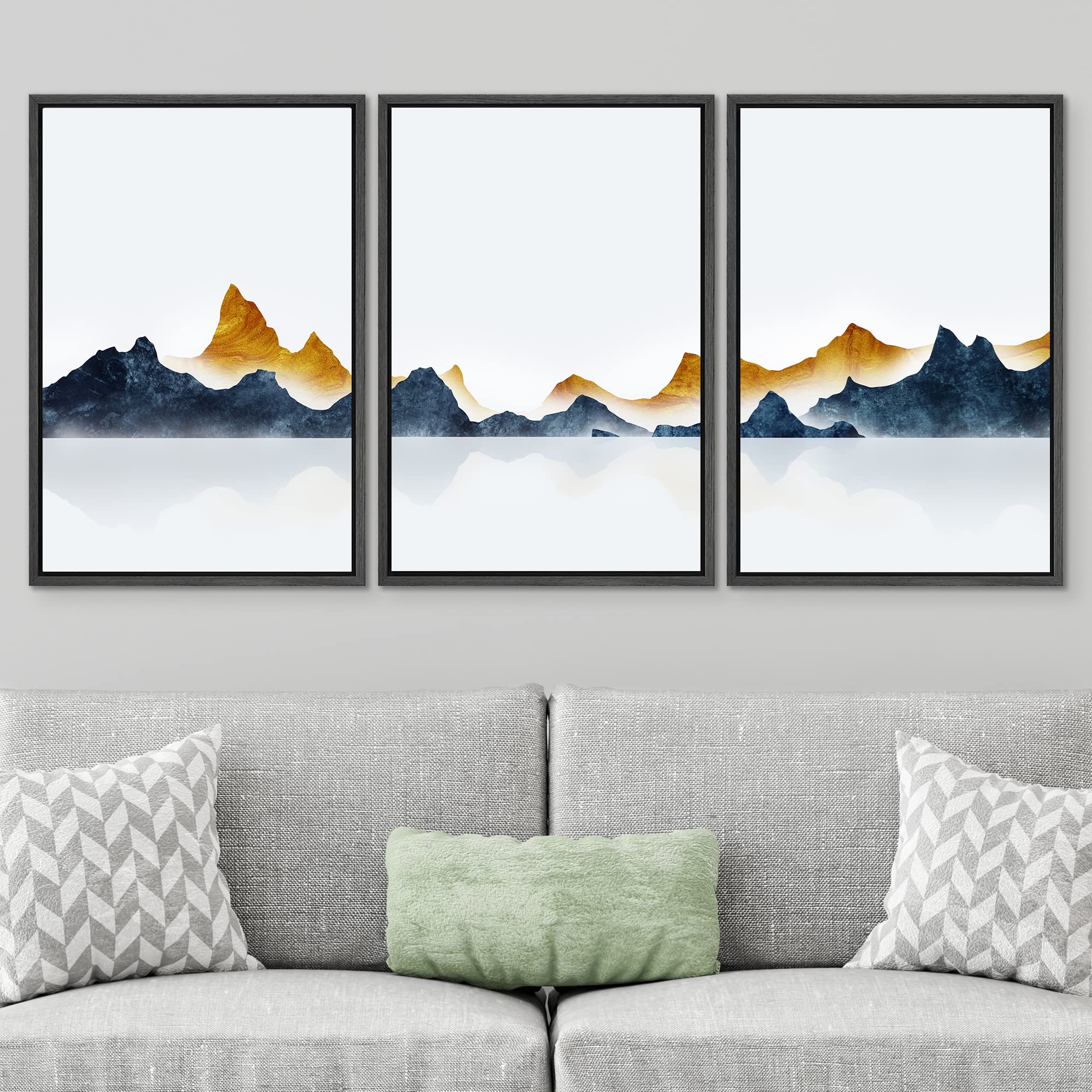 Signwin Framed Canvas Print Wall Art Set Gold Teal Duotone Mountain Ranges Nature Wilderness Illustrations Modern Art Decorative