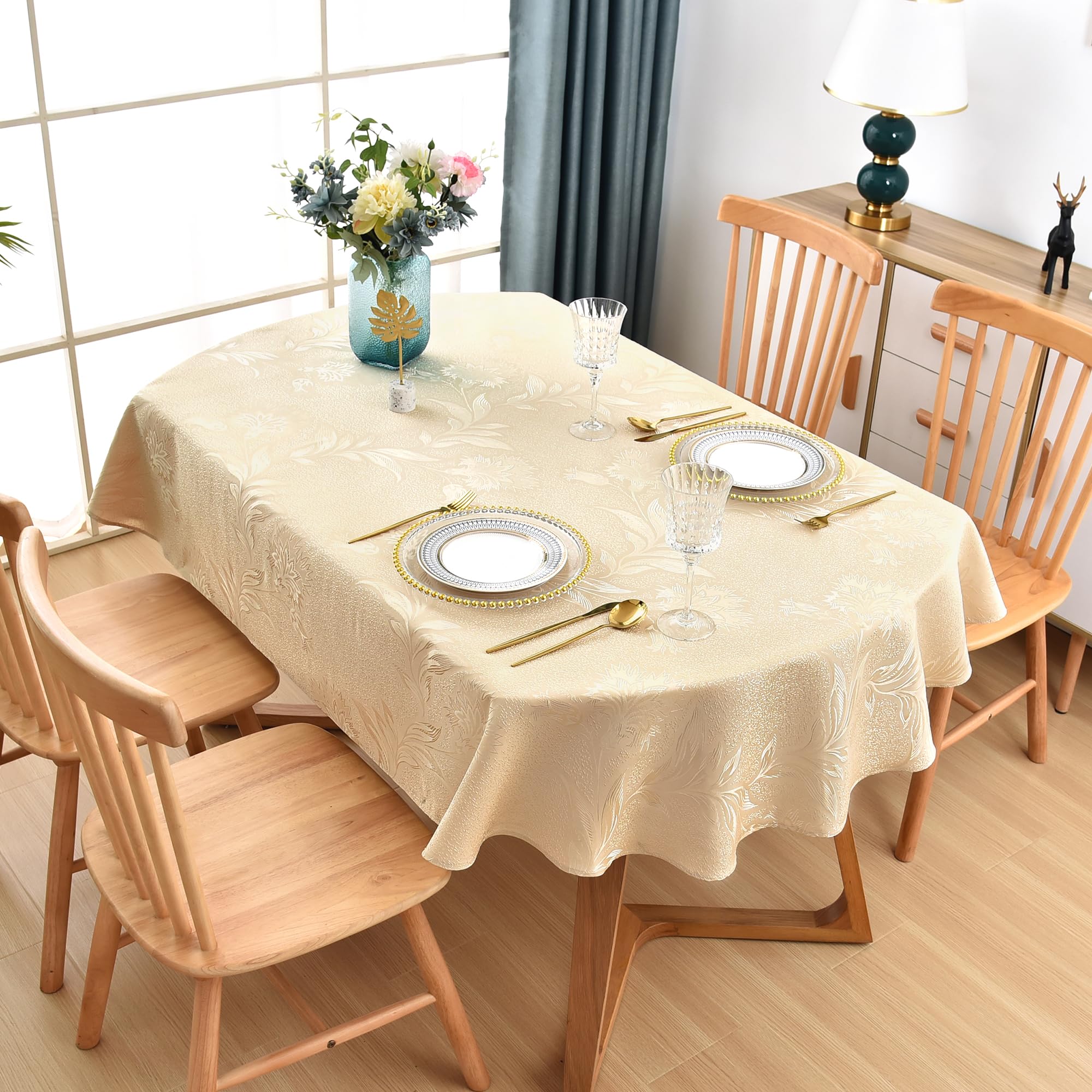 Wolkemer Shiny Oval Jacquard Tablecloth 60 X 102 Inch Beige Floral Countryside Leaves Damask Patterns Table Cloth Glossy Fabric